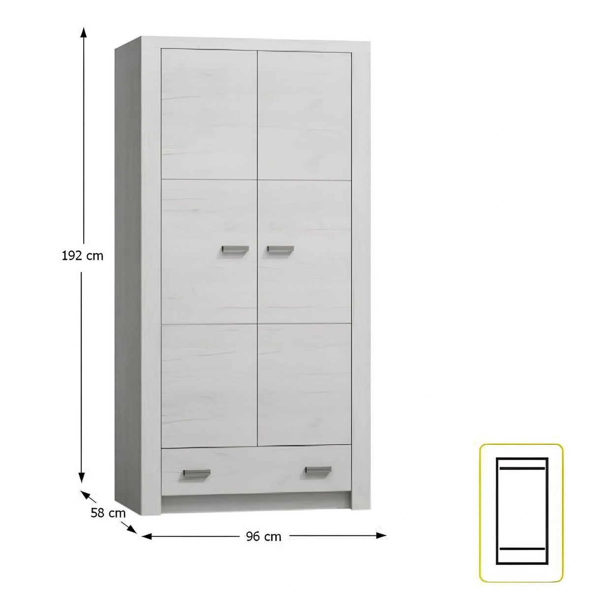 Dulap INFINITY I-01, frasin alb, PAL melaminat, cu 2 usi si un sertar, 96x58x192 cm