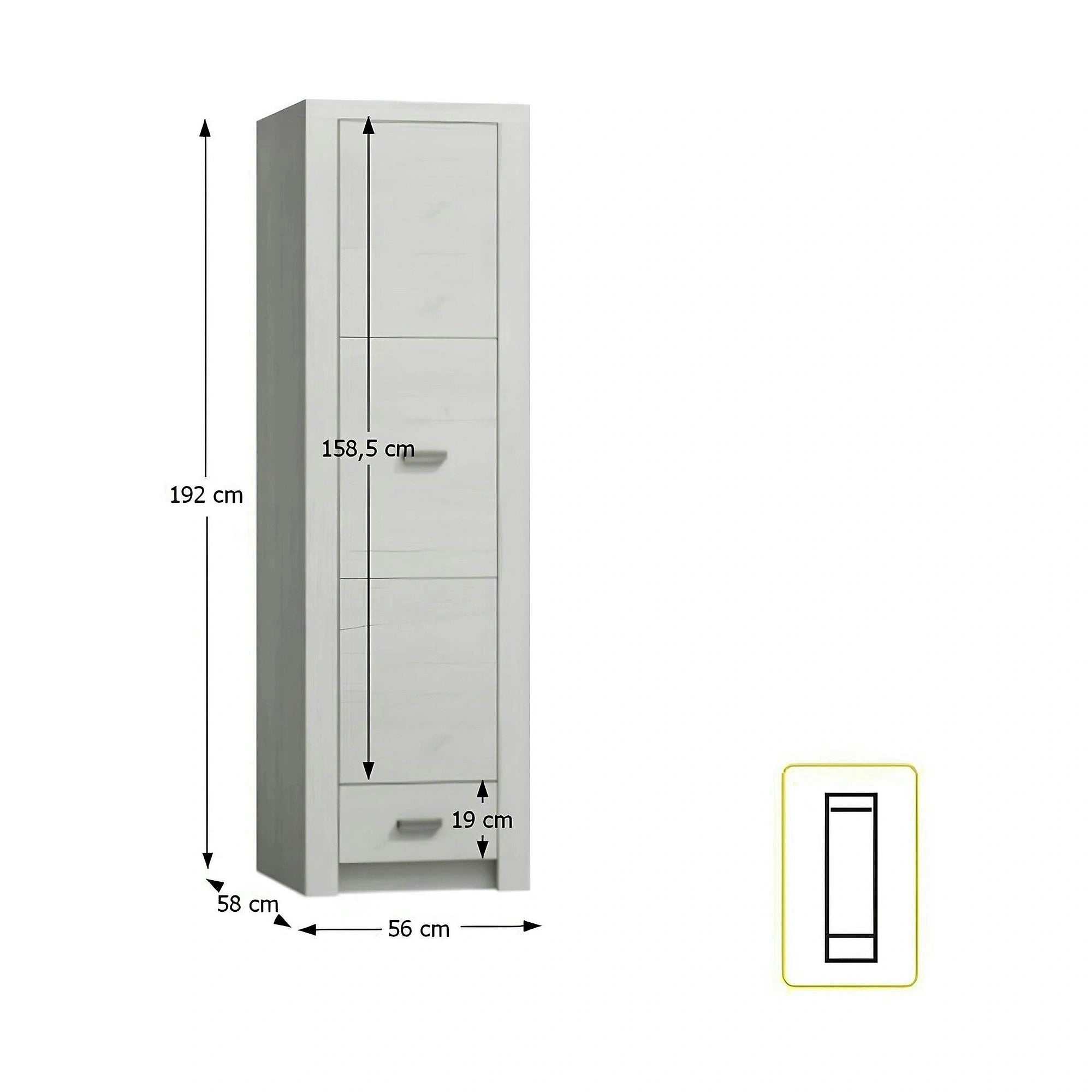 Dulap INFINITY I-02, frasin alb, PAL melaminat, cu o usa si un sertar, 56x58x192 cm