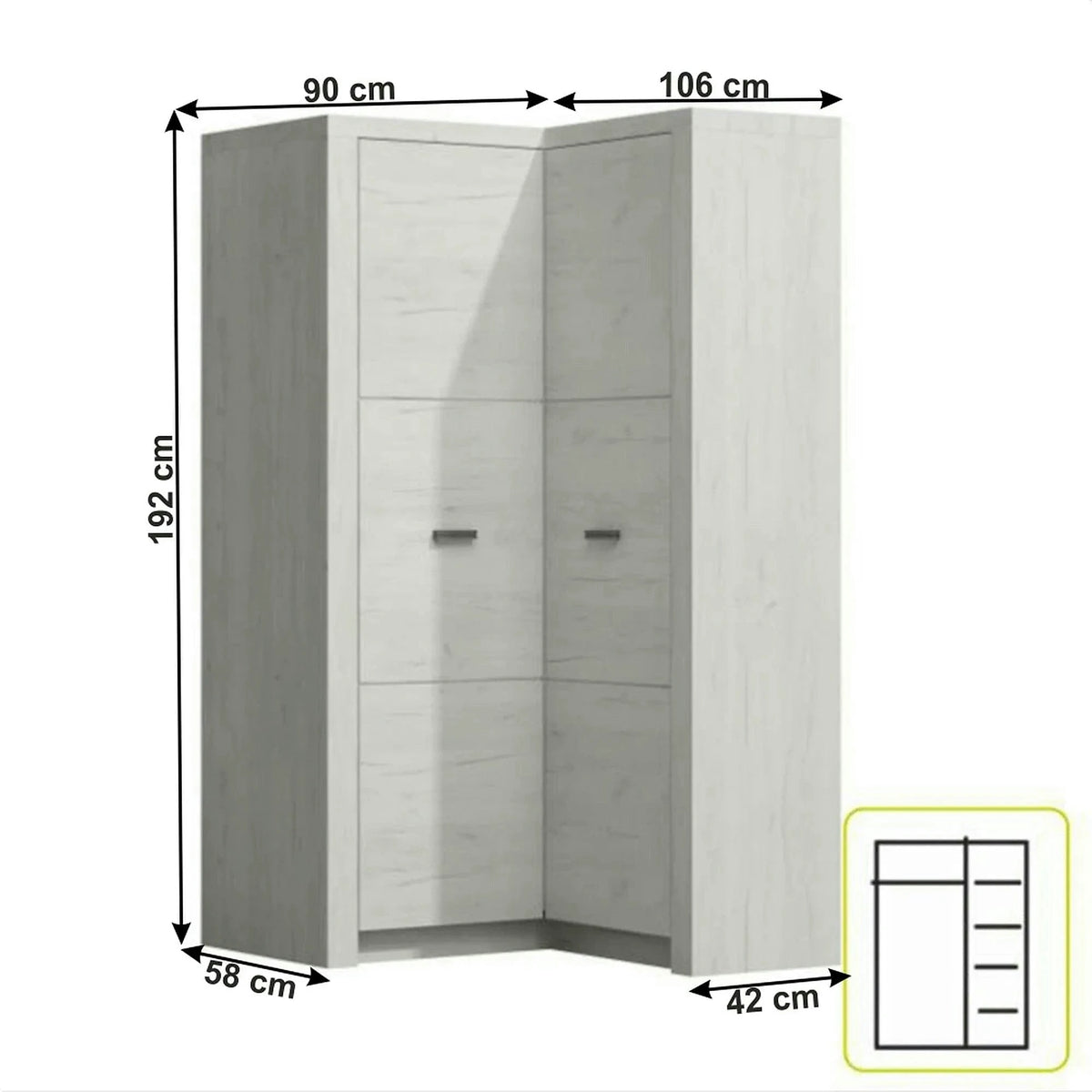 Dulap INFINITY I-14, frasin alb, PAL melaminat, cu 2 usi, 90/106x58/42x192 cm