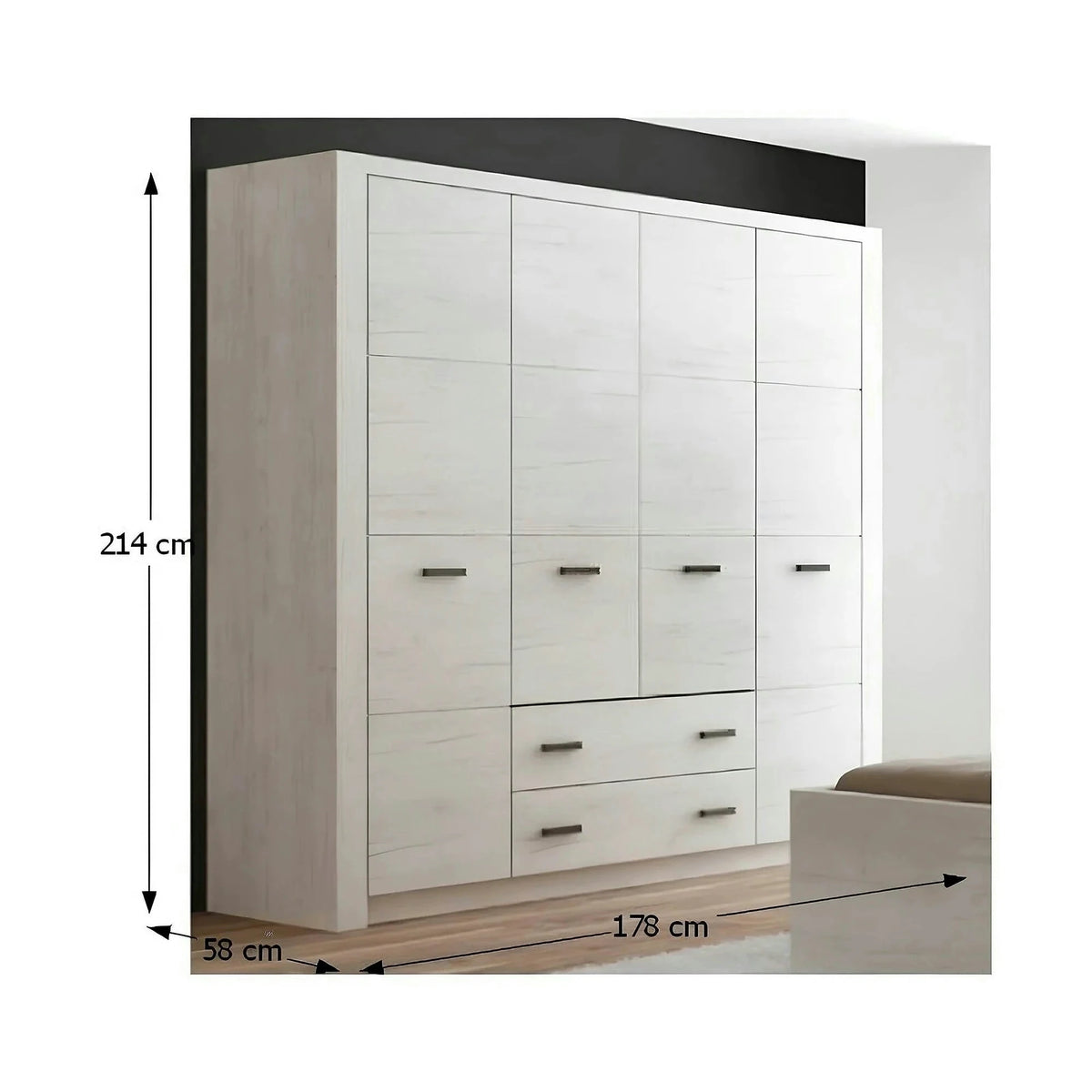 Dulap INFINITY I-18, frasin alb, PAL melaminat, cu 4 usi si 2 sertare, 178x58x214 cm