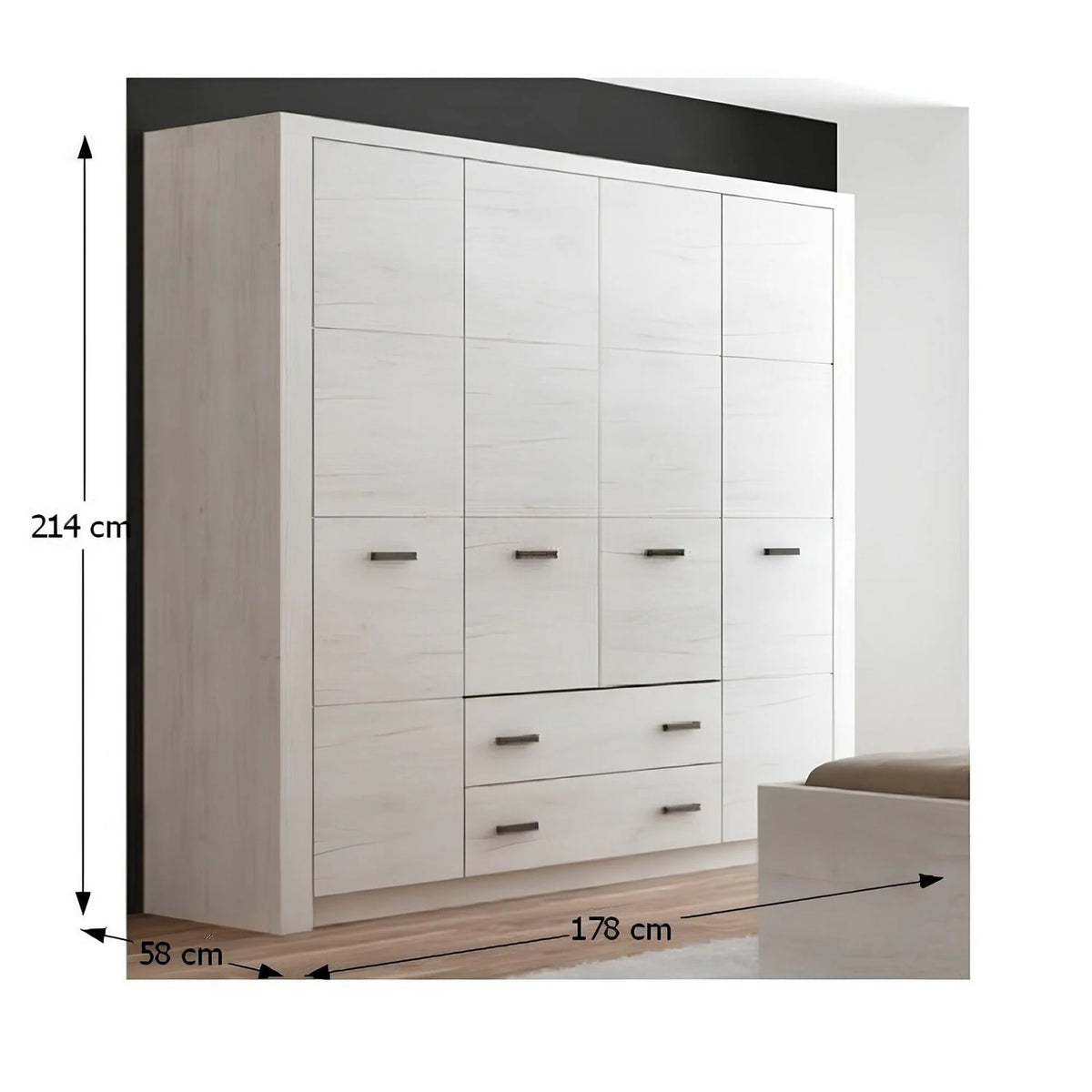 Dulap INFINITY I-18, frasin alb, PAL melaminat, cu 4 usi si 2 sertare, 178x58x214 cm