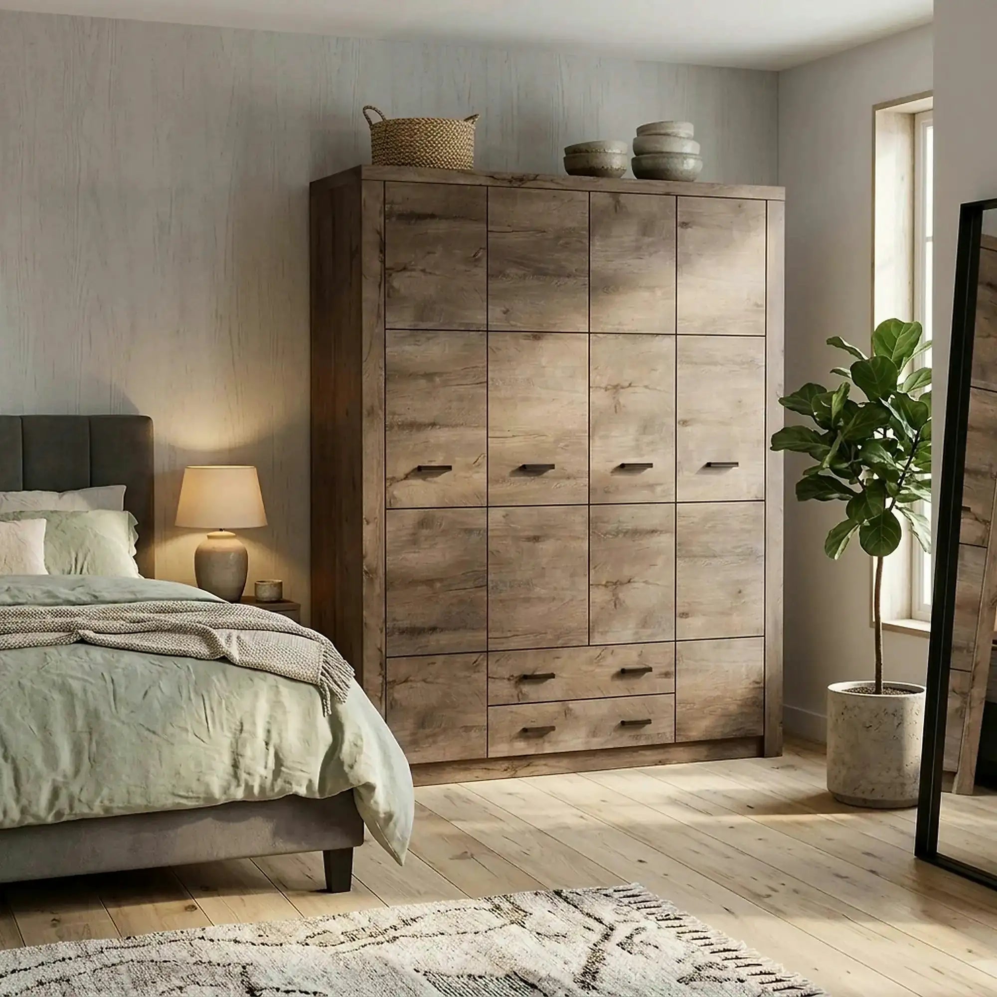 Dulap INFINITY I-18, frasin inchis, PAL melaminat, cu 4 usi si 2 sertare, 178x58x214 cm