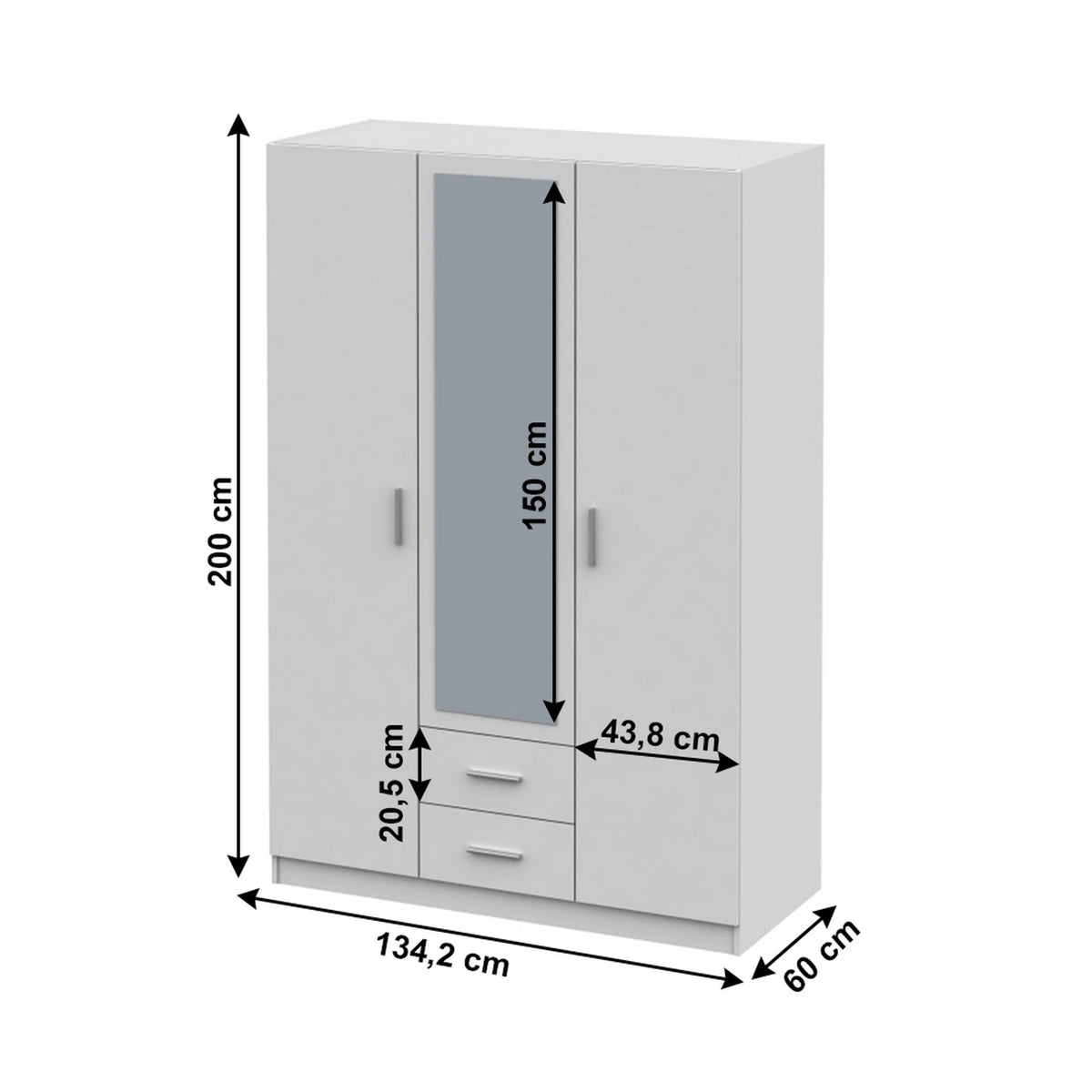 Dulap INVITA Tip 2, alb, PAL melaminat, cu 3 usi si 2 sertare, 134x60x200 cm