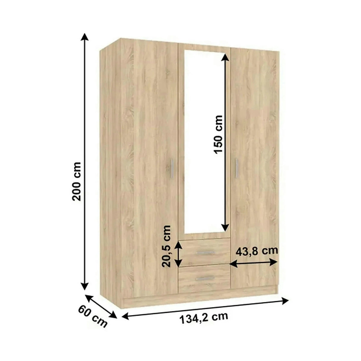 Dulap INVITA TIP 2, stejar sonoma, PAL melaminat, cu 3 usi si 2 sertare, 134x60x200 cm