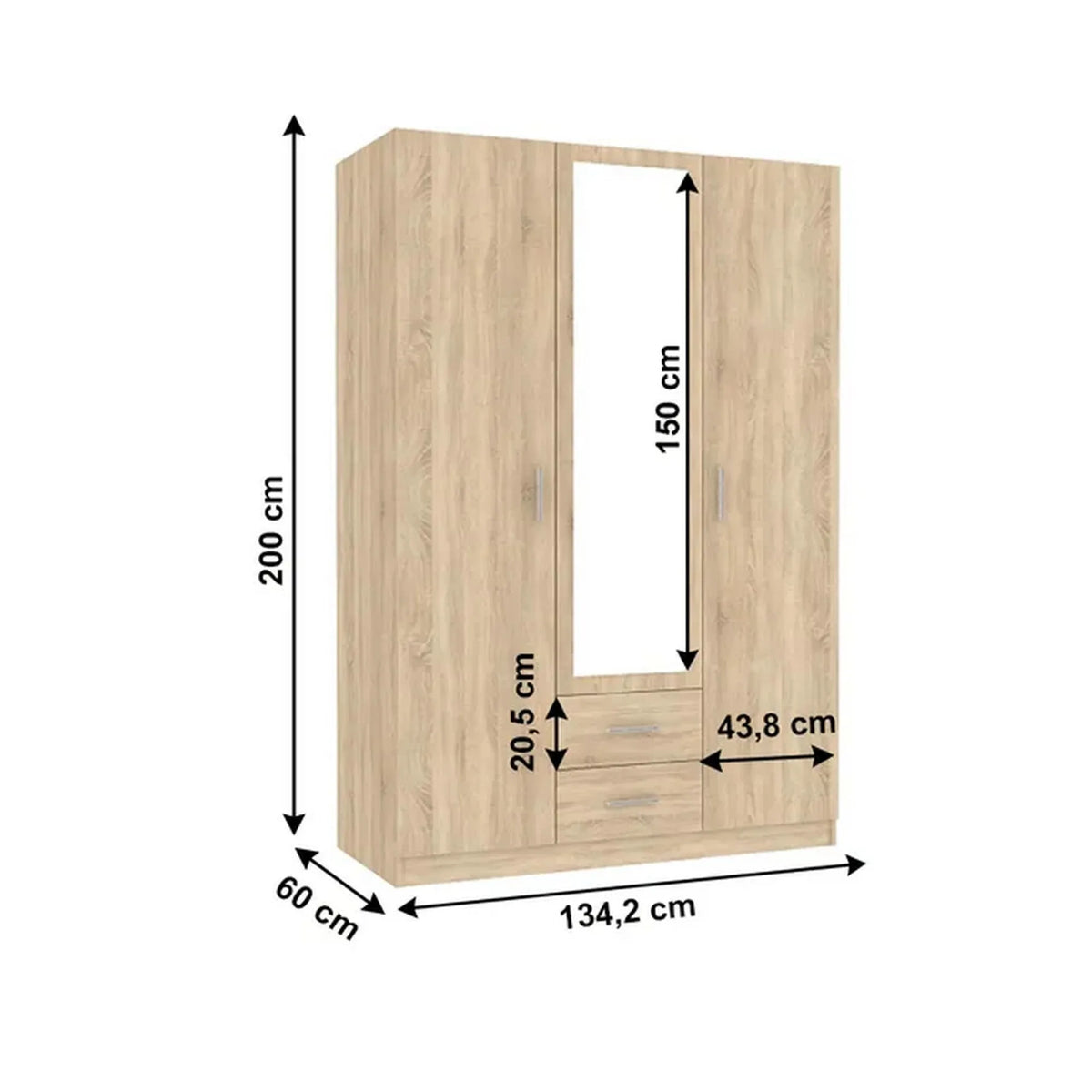 Dulap INVITA TIP 2, stejar sonoma, PAL melaminat, cu 3 usi si 2 sertare, 134x60x200 cm