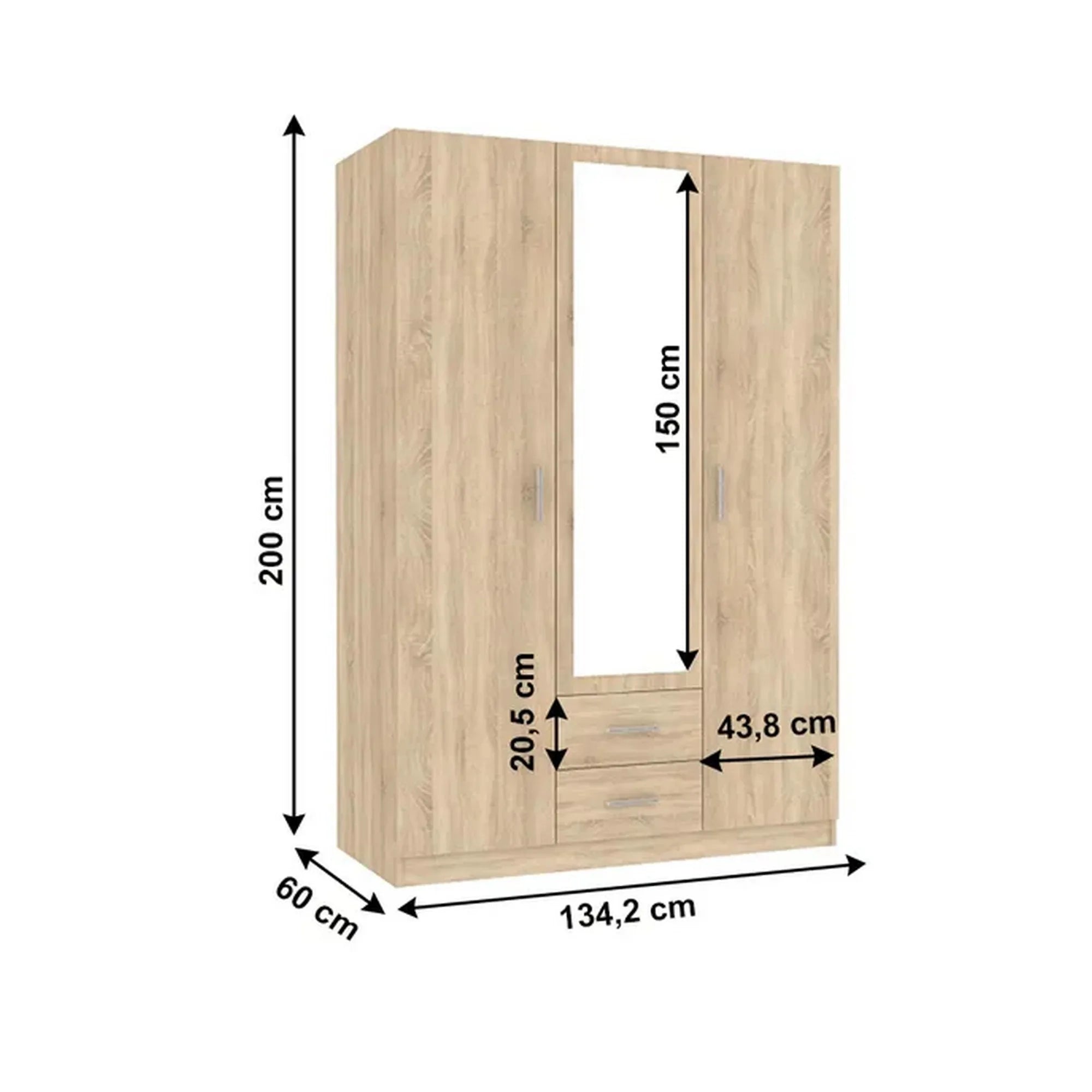 Dulap INVITA TIP 2, stejar sonoma, PAL melaminat, cu 3 usi si 2 sertare, 134x60x200 cm