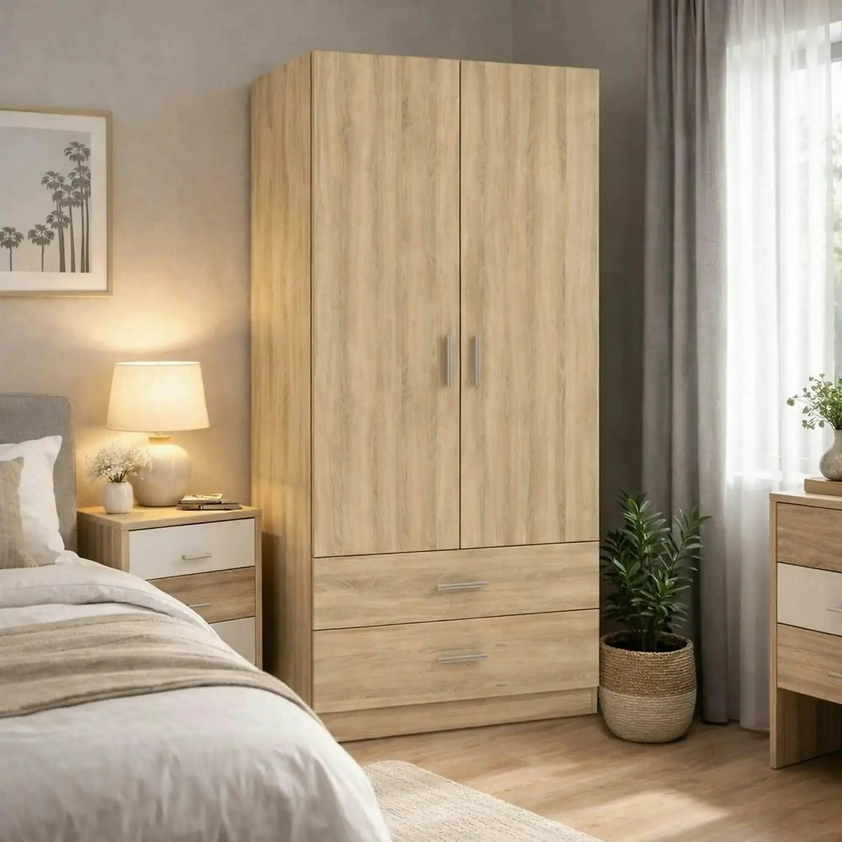 DULAP INVITA Tip 5, stejar sonoma, PAL melaminat, cu 2 usi si 2 sertare, 90x60x200 cm