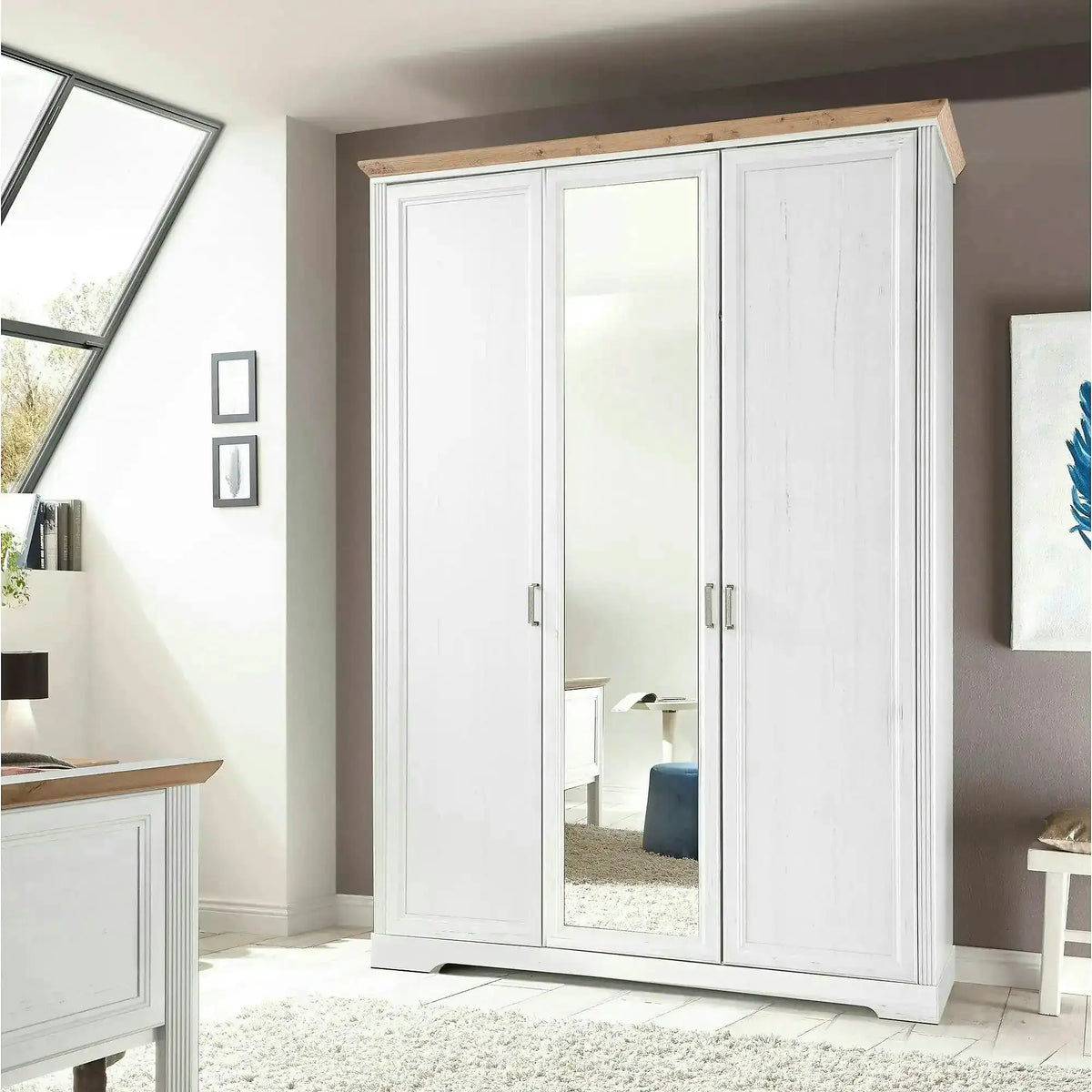 Dulap JASMIN, alb/stejar artisan, PAL, cu 3 usi, 164x64x220 cm