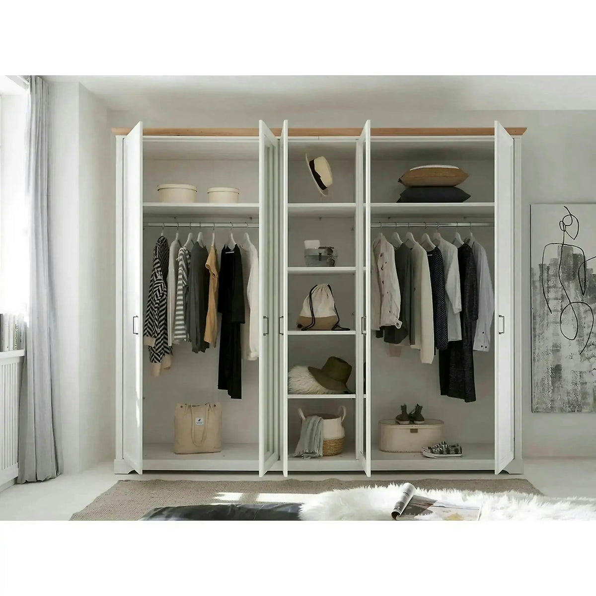 Dulap JASMIN, alb/stejar artisan, PAL, cu 5 usi, 264x64x220 cm