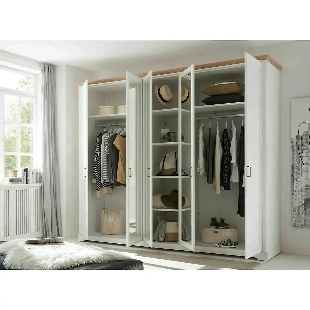 Dulap JASMIN, alb/stejar artisan, PAL, cu 5 usi, 264x64x220 cm
