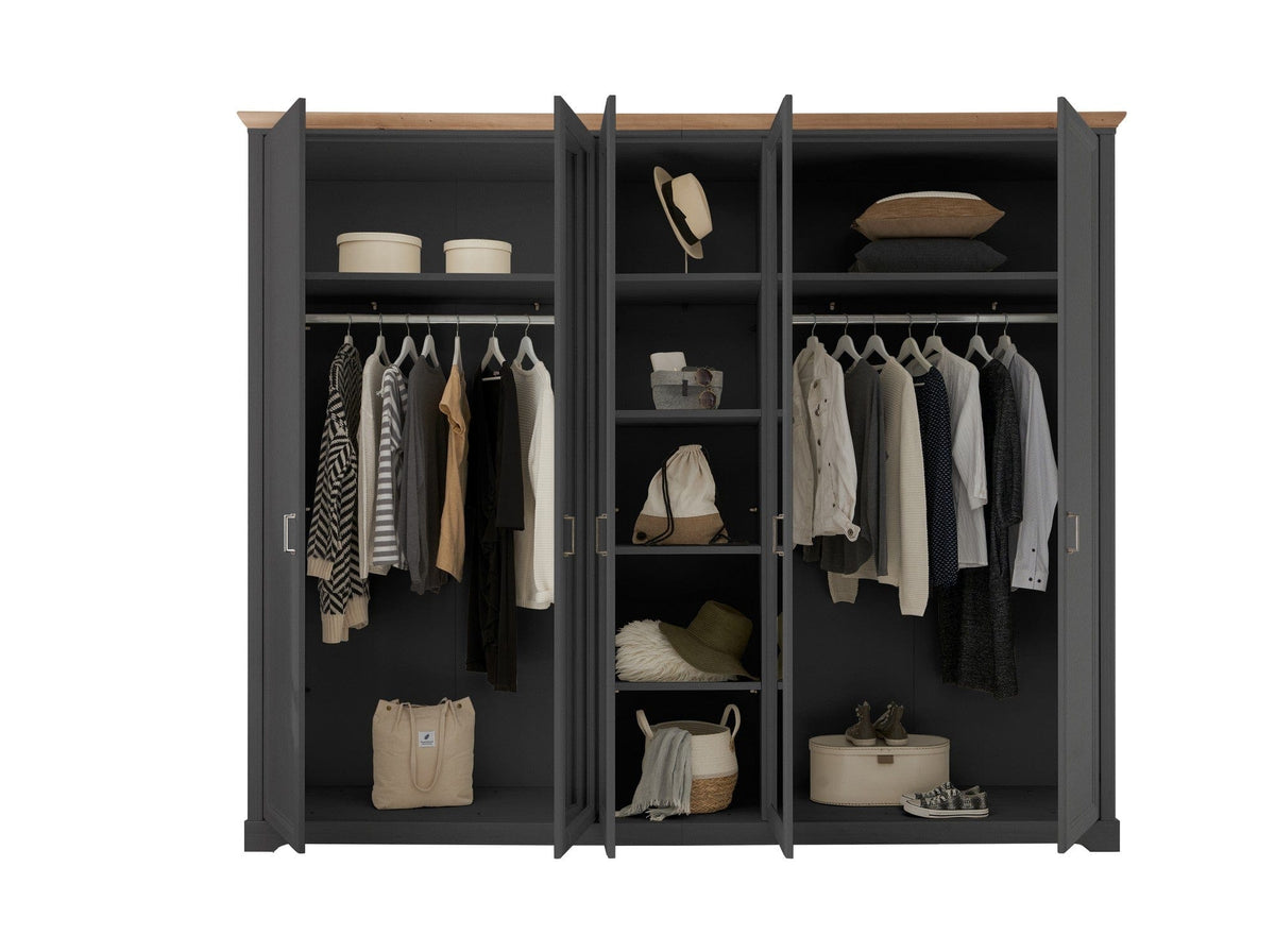 Dulap JASMIN, gri grafit/stejar artisan, PAL, cu 5 usi, 264x64x220 cm