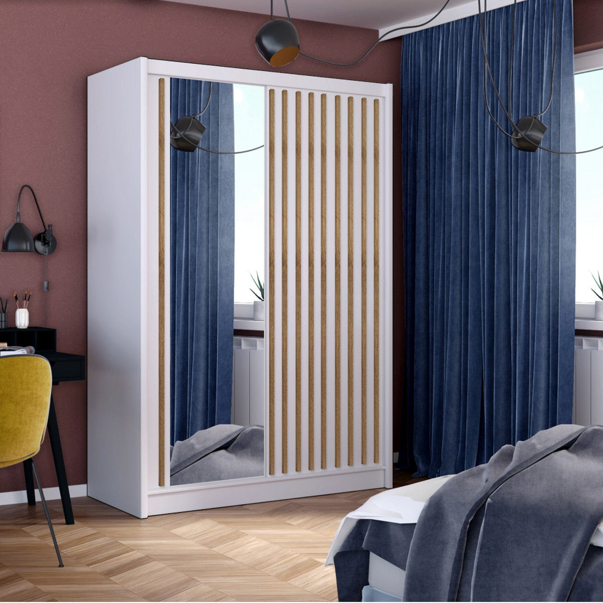 Dulap LADDER, alb/stejar craft, PAL melaminat/sticla, cu 2 usi, 150x61x215 cm