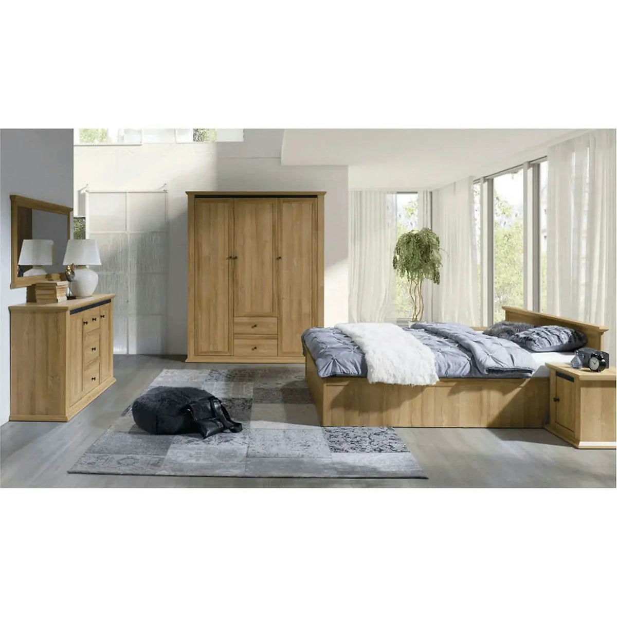 Dulap LEON MZ3, stejar auriu, DTD laminat, cu 3 usi si 2 sertare, 165x54x200 cm