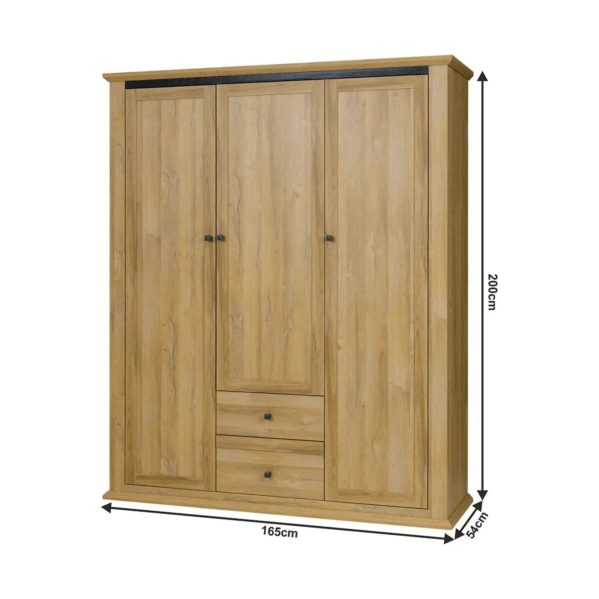 Dulap LEON MZ3, stejar auriu, DTD laminat, cu 3 usi si 2 sertare, 165x54x200 cm