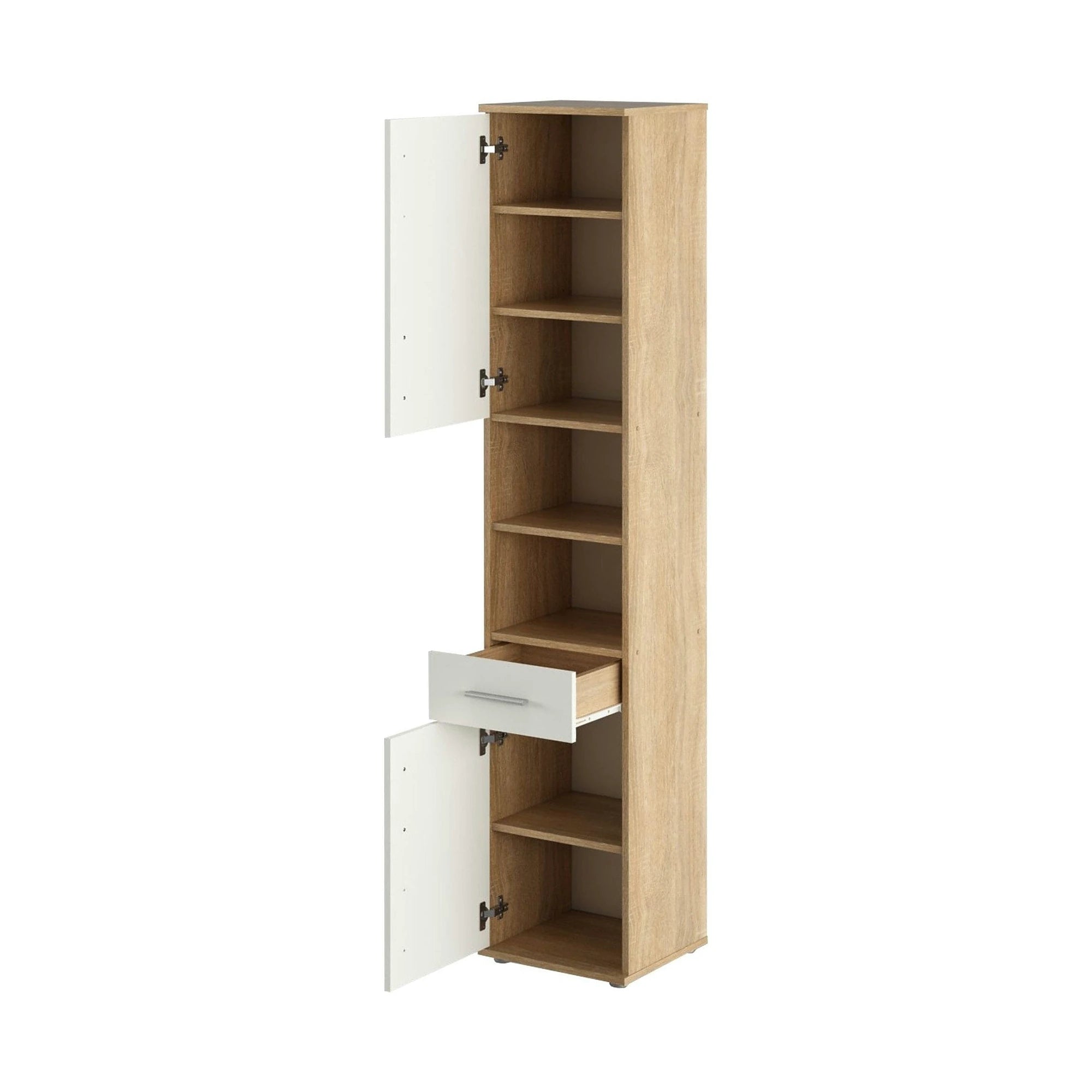 Dulap LESSY NEW 05, stejar sonoma/alb mat, DTD laminat, cu 2 usi si un sertar, 38x35x191 cm