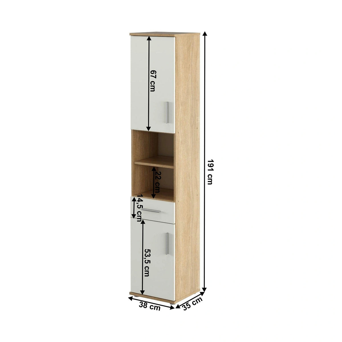 Dulap LESSY NEW 05, stejar sonoma/alb mat, DTD laminat, cu 2 usi si un sertar, 38x35x191 cm