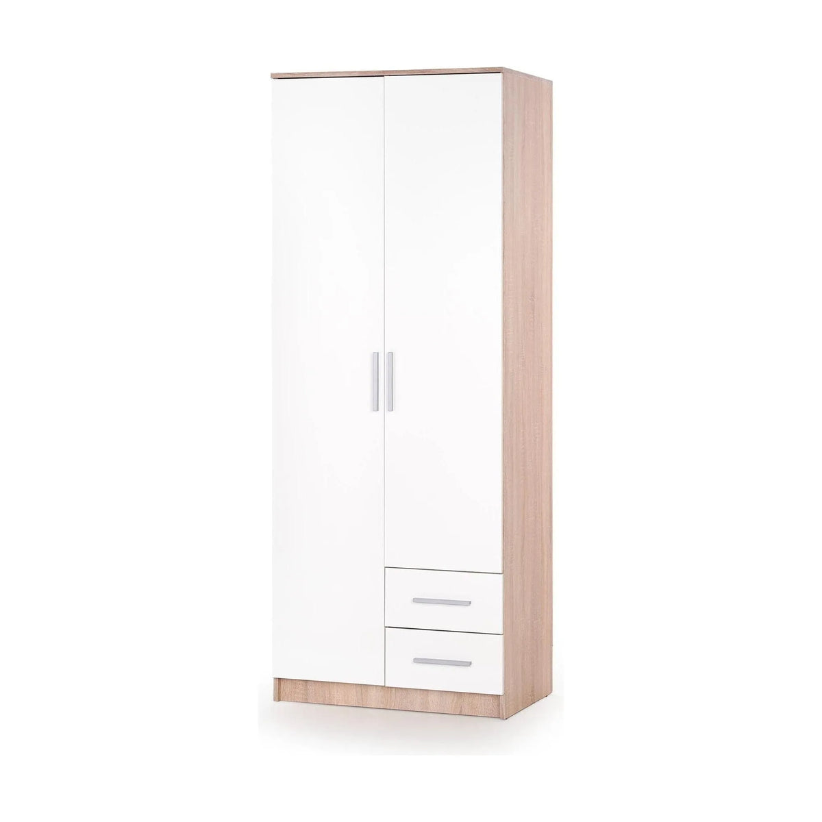 Dulap LIMA S-2, alb/stejar sonoma, PAL laminat, cu 2 usi si 2 sertare, 80x52x205 cm