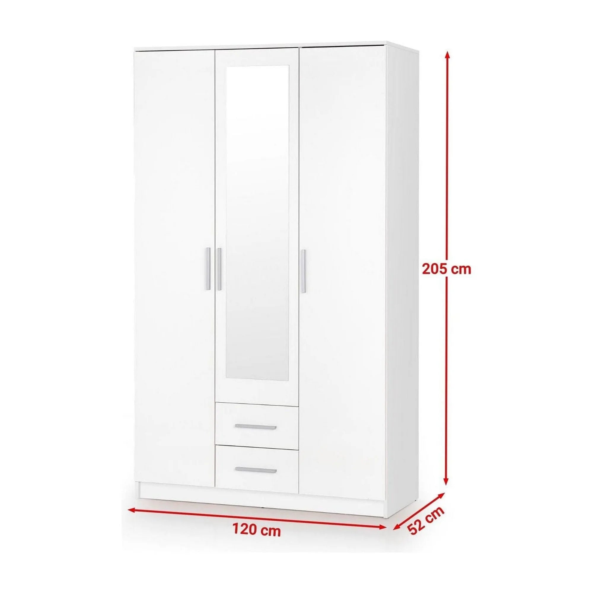 Dulap LIMA S-3, alb, PAL laminat, cu 3 usi si 2 sertare, cu oglinda, 120x52x205 cm