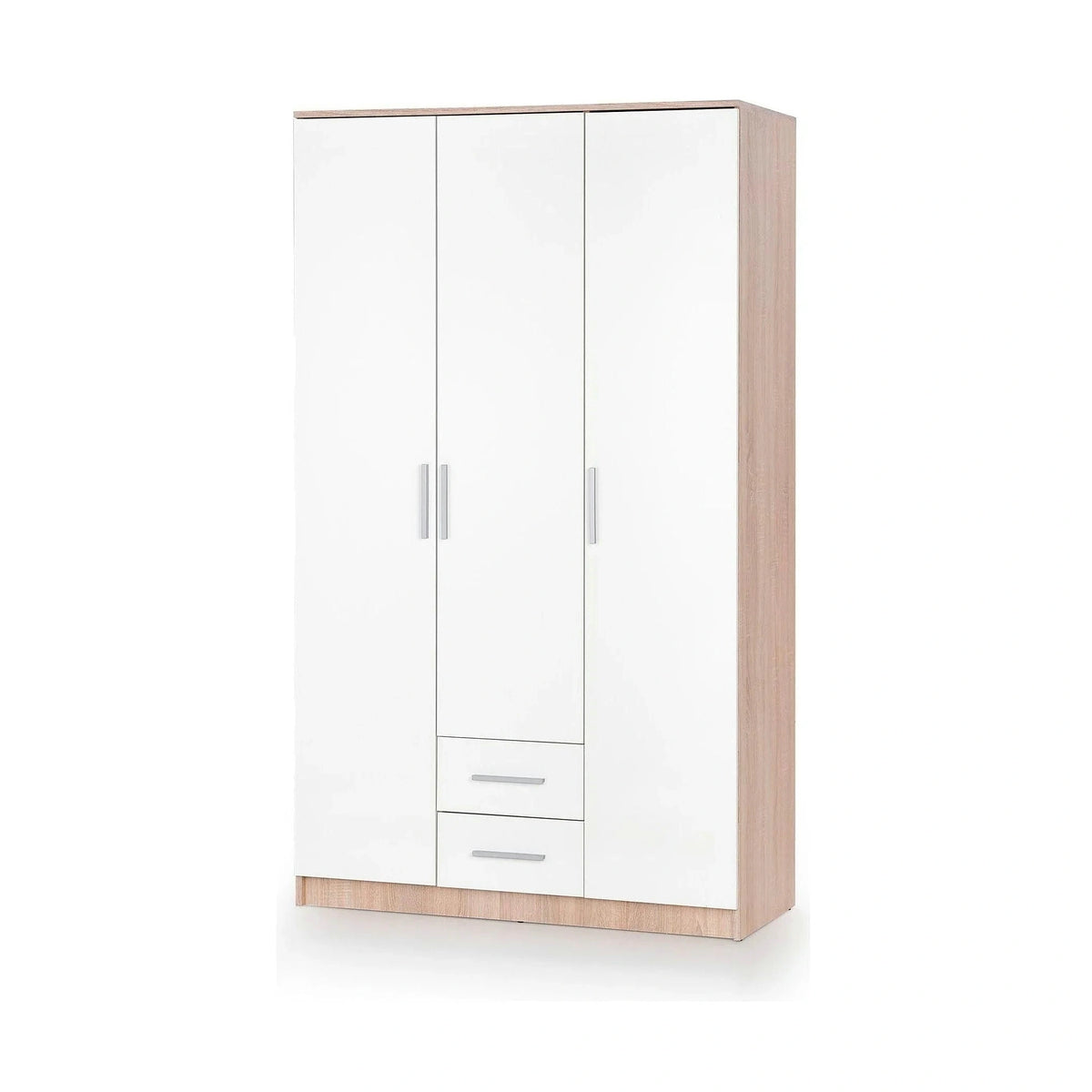 Dulap LIMA S-3, alb/stejar sonoma, PAL laminat, cu 3 usi si 2 sertare, 120x52x205 cm