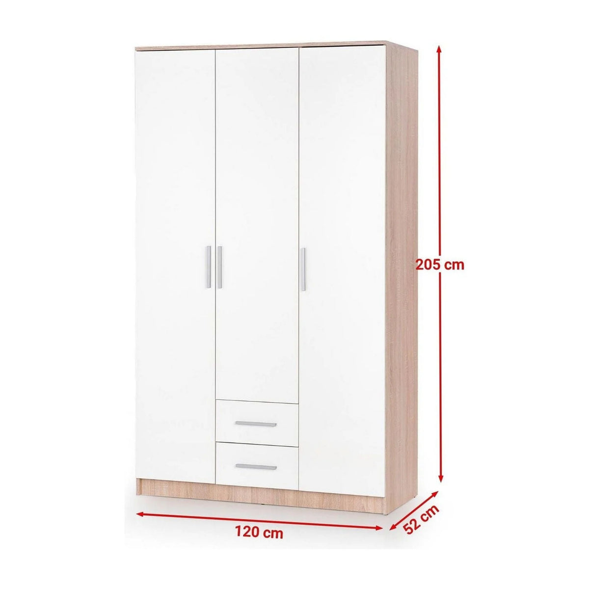 Dulap LIMA S-3, alb/stejar sonoma, PAL laminat, cu 3 usi si 2 sertare, 120x52x205 cm