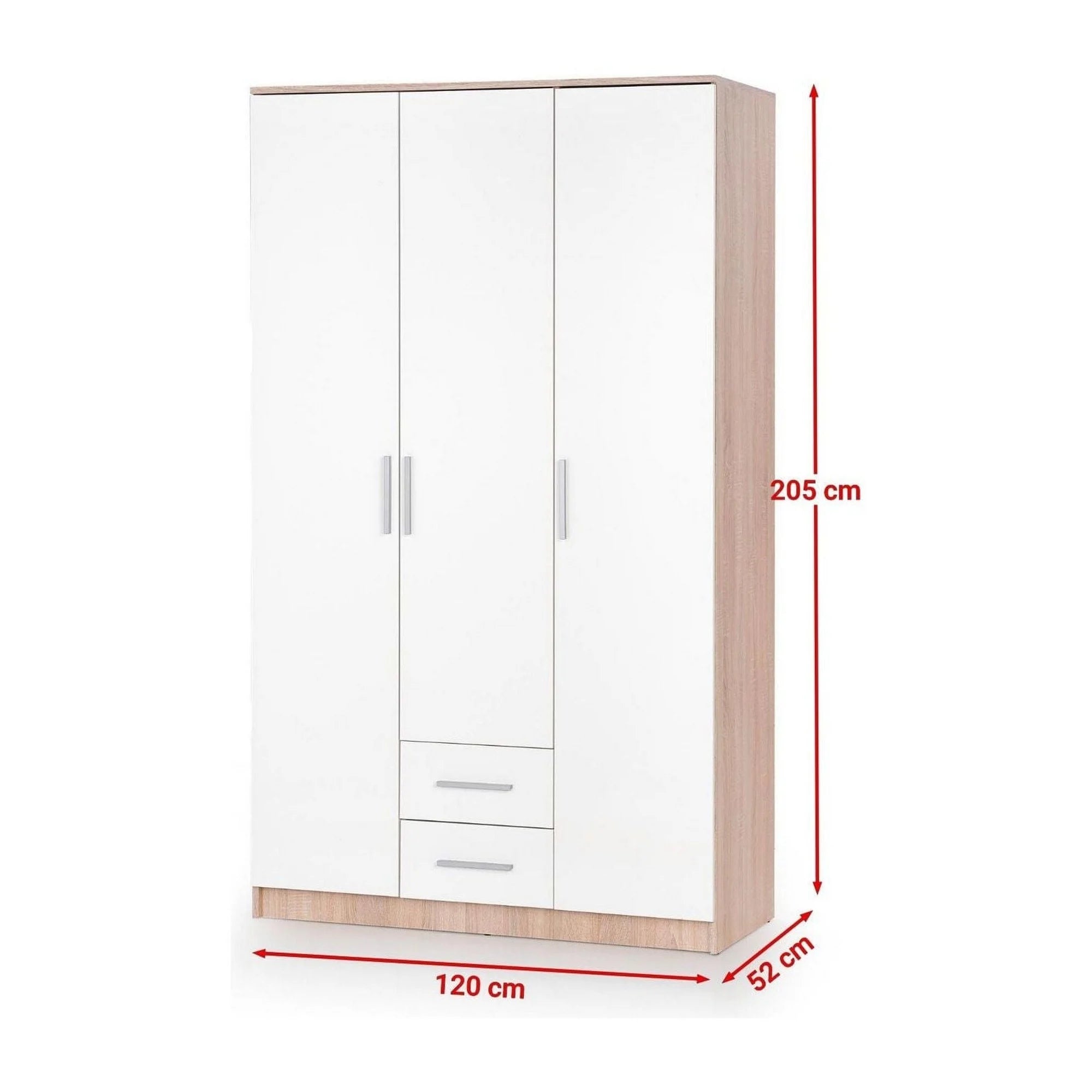 Dulap LIMA S-3, alb/stejar sonoma, PAL laminat, cu 3 usi si 2 sertare, 120x52x205 cm