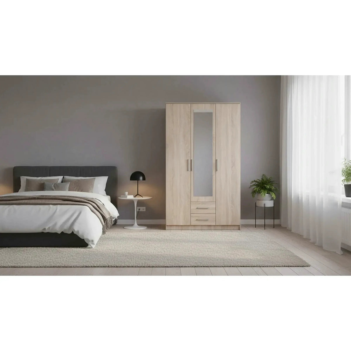 Dulap LIMA S-3, stejar sonoma, PAL laminat/sticla, cu 3 usi si 2 rafturi, 120x52x205 cm