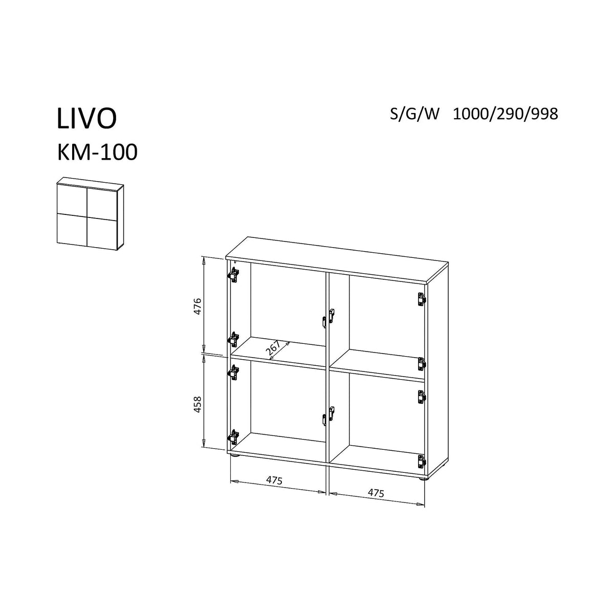 Dulap LIVO KM100, alb, cu 4 usi, 100x29x100 cm