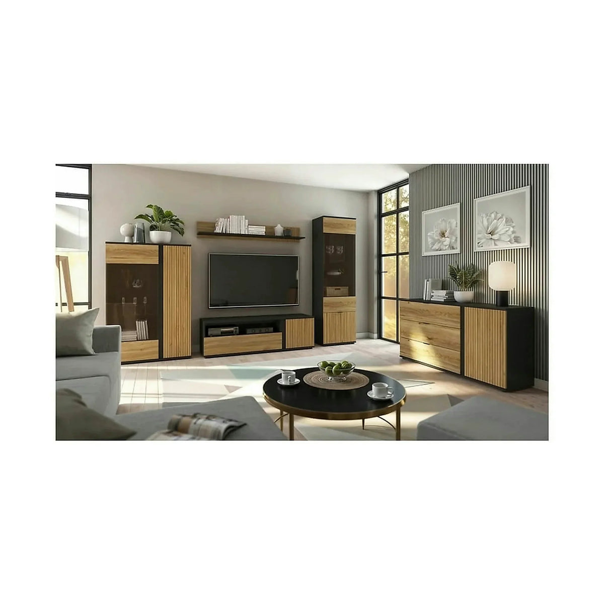 Dulap LUEN, stejar/negru, PAL laminat, cu 2 usi, 95x55x196 cm