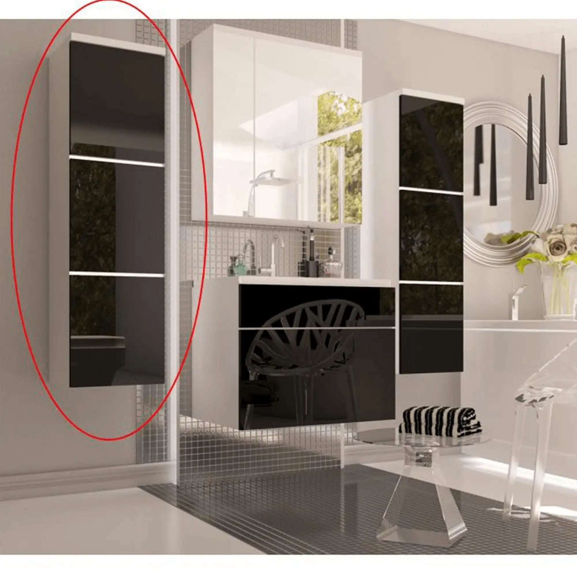 Dulap MASON BL 11, negru lucios/alb, DTD laminat, cu 3 usi si iluminare LED, 30x31x110 cm