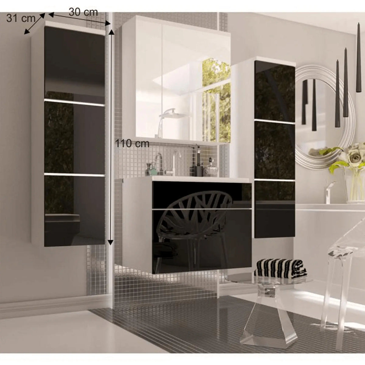 Dulap MASON BL 11, negru lucios/alb, DTD laminat, cu 3 usi si iluminare LED, 30x31x110 cm