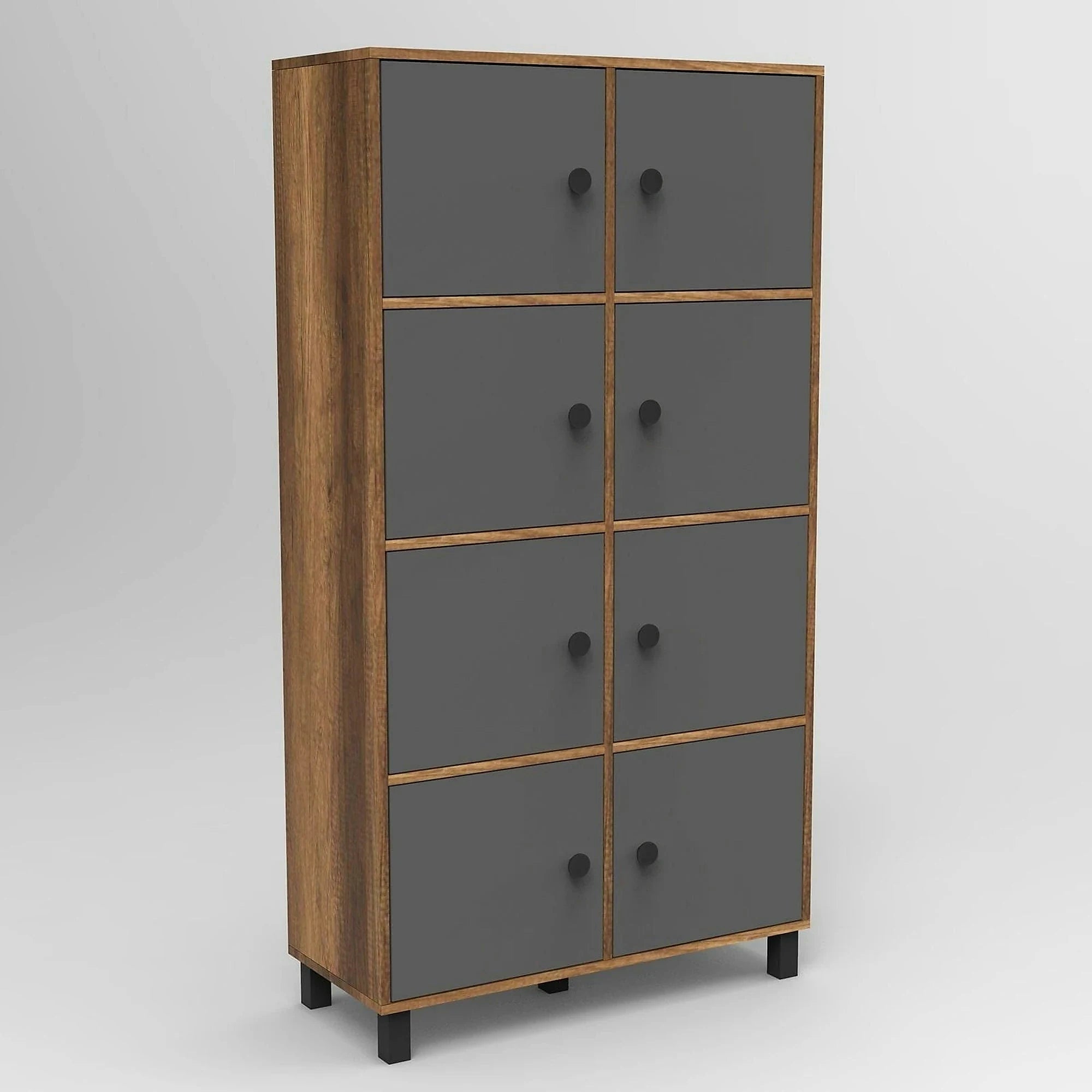 Dulap MN06-BA, nuc/gri, PAL melaminat/metal, cu 8 usi, 96x40x179 cm