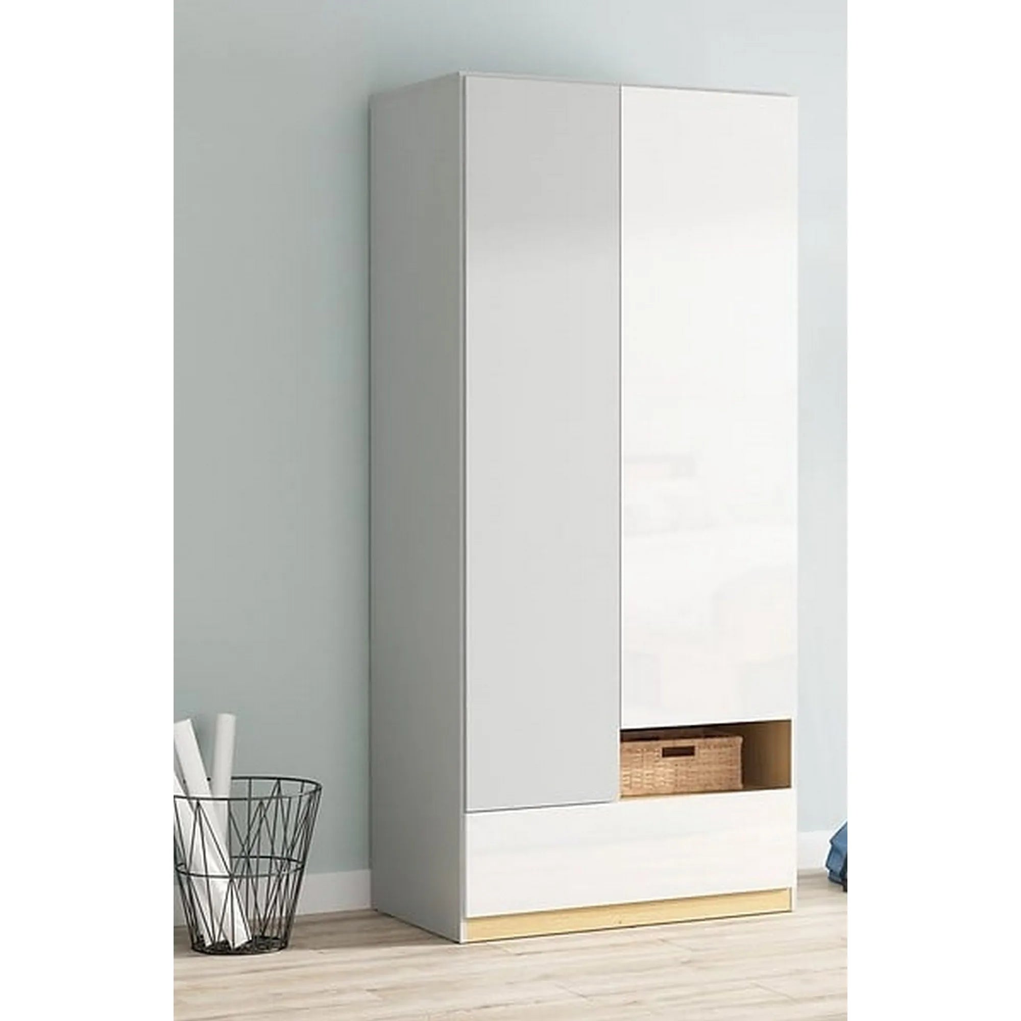 Dulap NANDU, gri deschis/ alb lucios, PAL, cu 2 usi si sertar, 90x55x201 cm