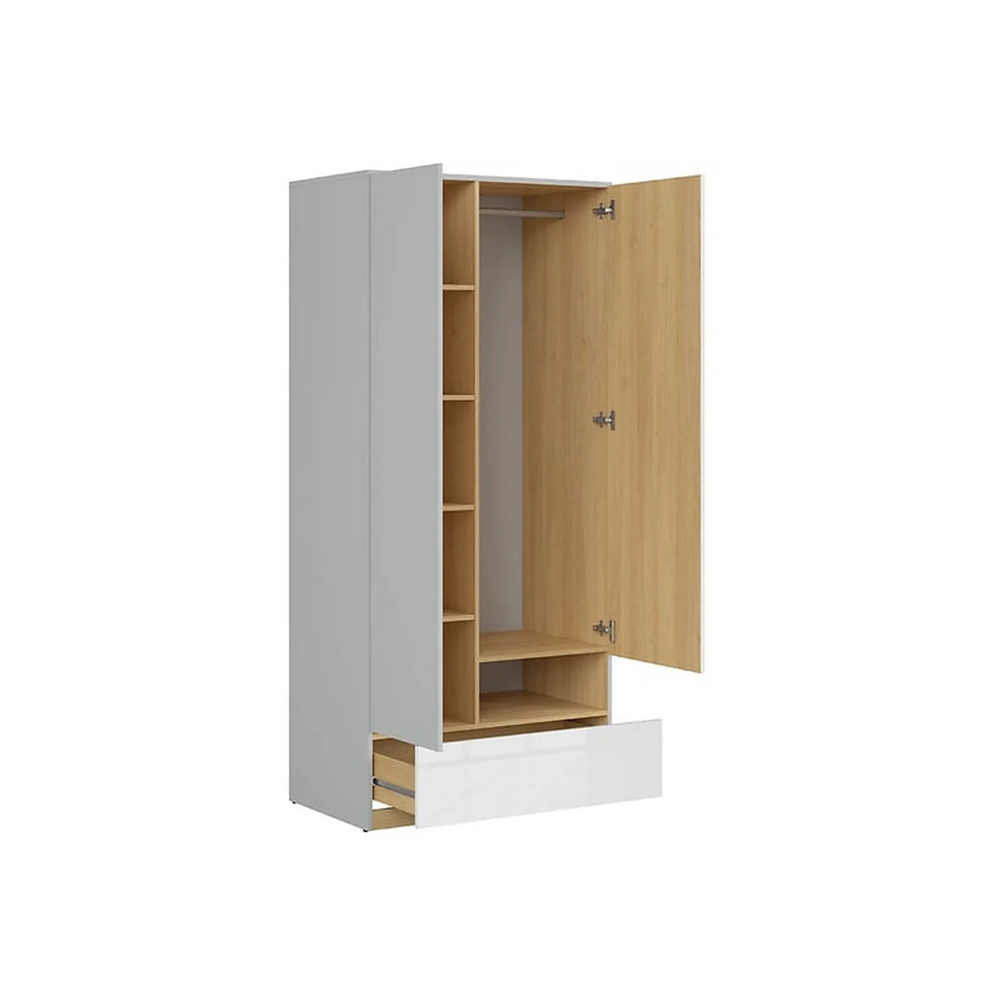 Dulap NANDU, gri deschis/ alb lucios, PAL, cu 2 usi si sertar, 90x55x201 cm