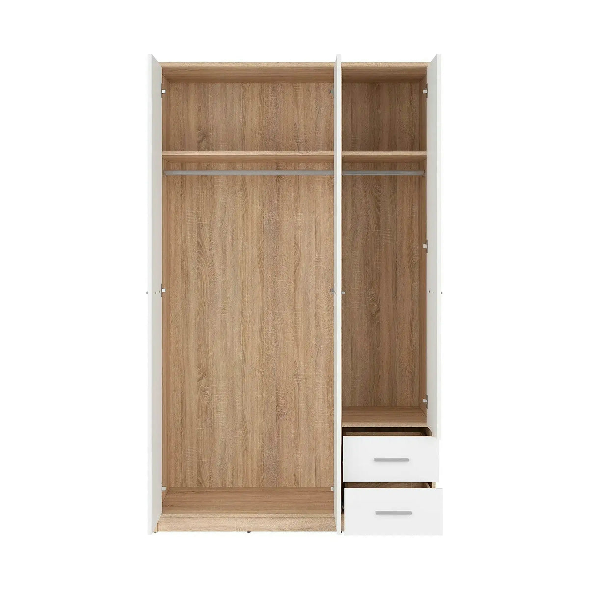 Dulap NEPO PLUS, alb/stejar sonoma, PAL, cu 3 usi si 2 sertare, 119x55x197 cm