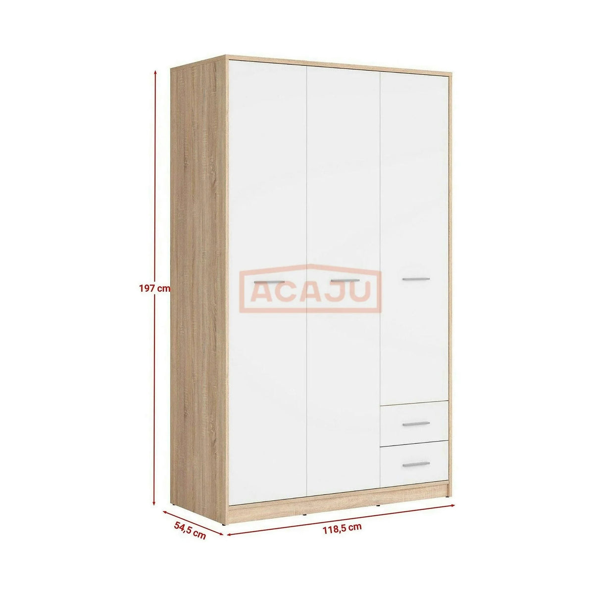 Dulap NEPO PLUS, alb/stejar sonoma, PAL, cu 3 usi si 2 sertare, 119x55x197 cm
