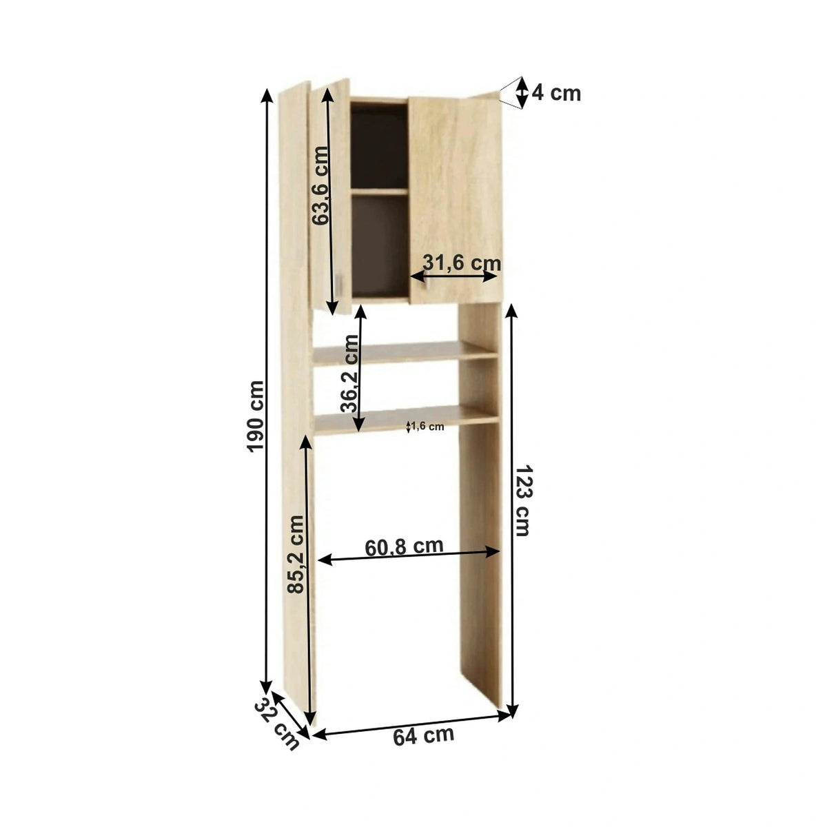 Dulap pentru masina de spalat NATALI, stejar sonoma, PAL melaminat, cu 2 usi, 64x32x190 cm