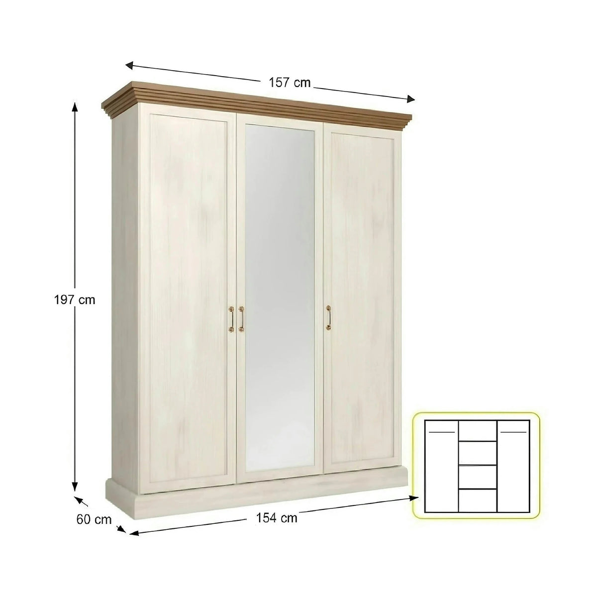 Dulap ROYAL S3D, pin nordic/stejar salbatic, PAL melaminat, cu 3 usi, 154x60x197 cm