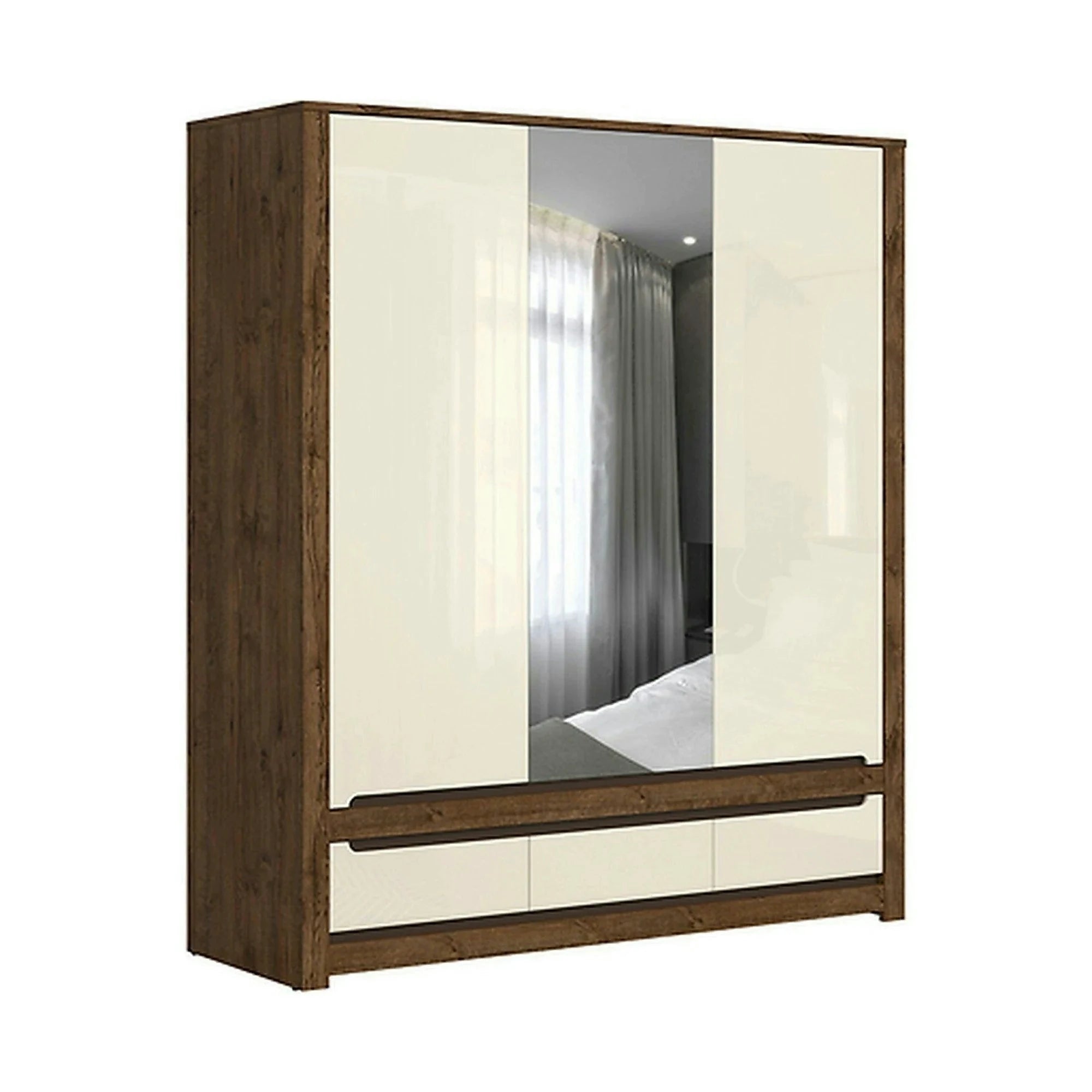 Dulap RUSO, alb perla/stejar april, PAL, cu 3 usi si 3 sertare, cu oglinda, 179x61x205 cm