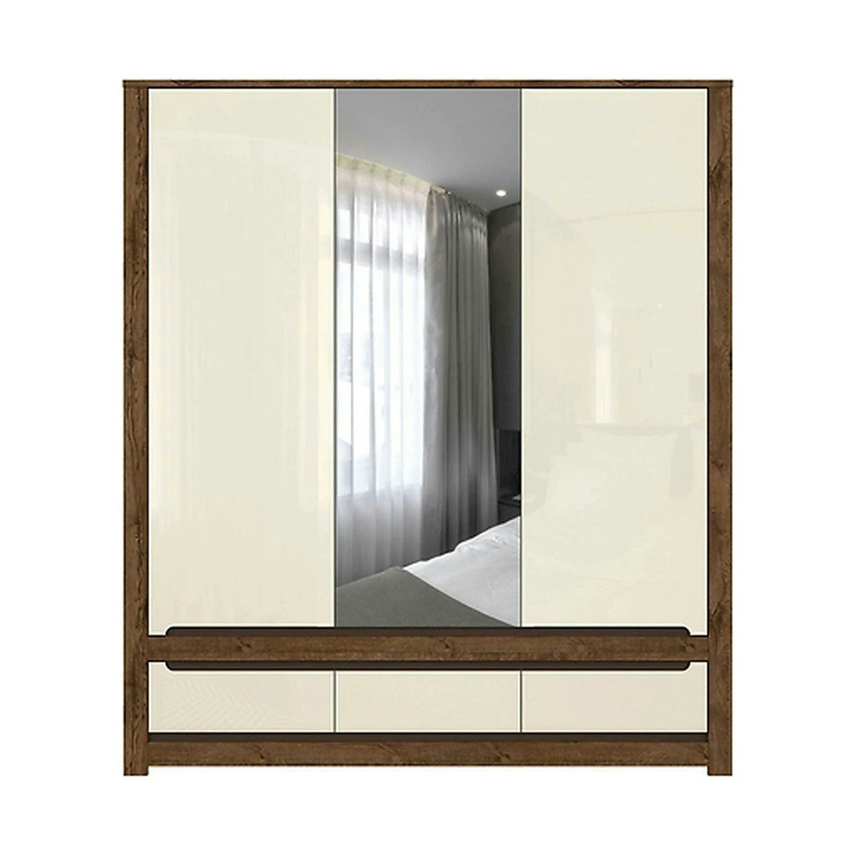 Dulap RUSO, alb perla/stejar april, PAL, cu 3 usi si 3 sertare, cu oglinda, 179x61x205 cm