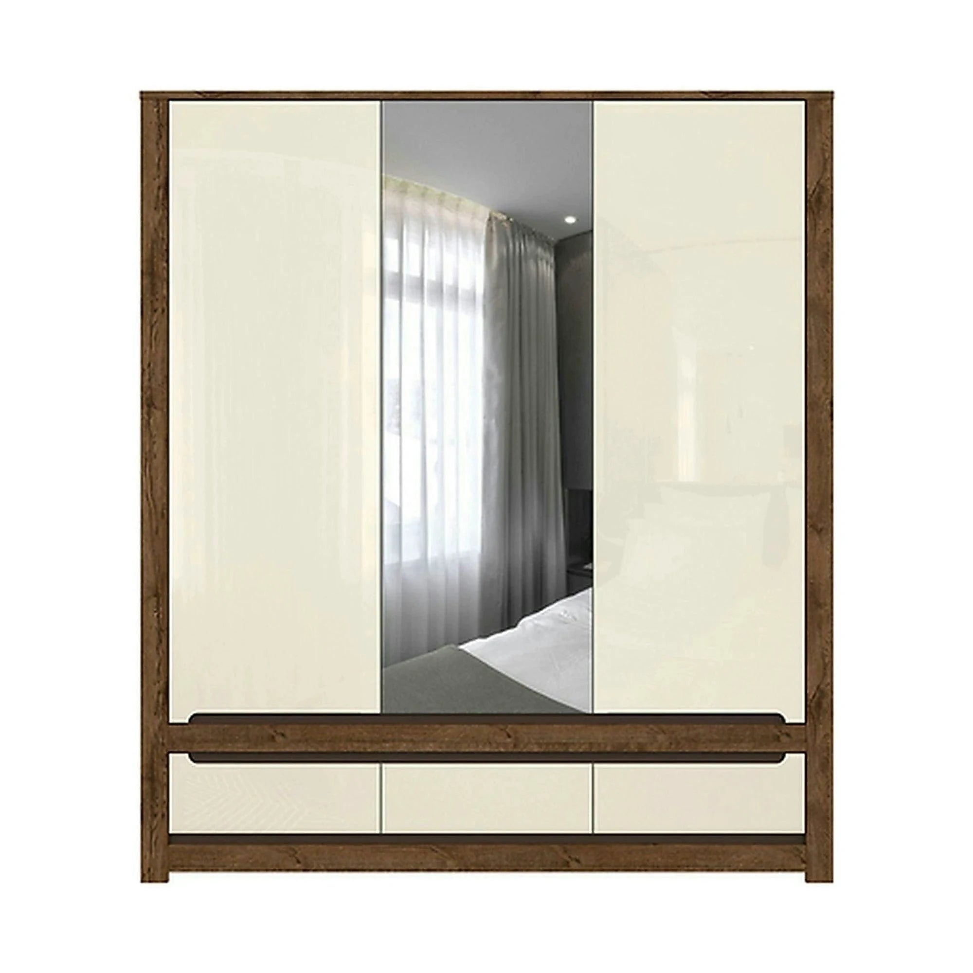 Dulap RUSO, alb perla/stejar april, PAL, cu 3 usi si 3 sertare, cu oglinda, 179x61x205 cm