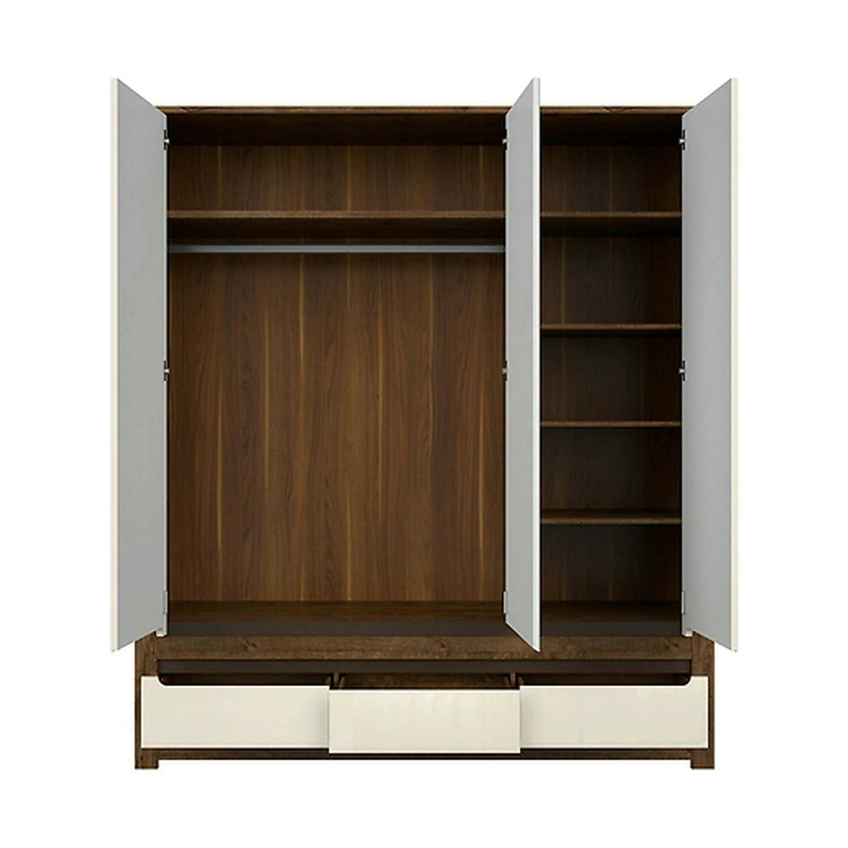 Dulap RUSO, alb perla/stejar april, PAL, cu 3 usi si 3 sertare, cu oglinda, 179x61x205 cm