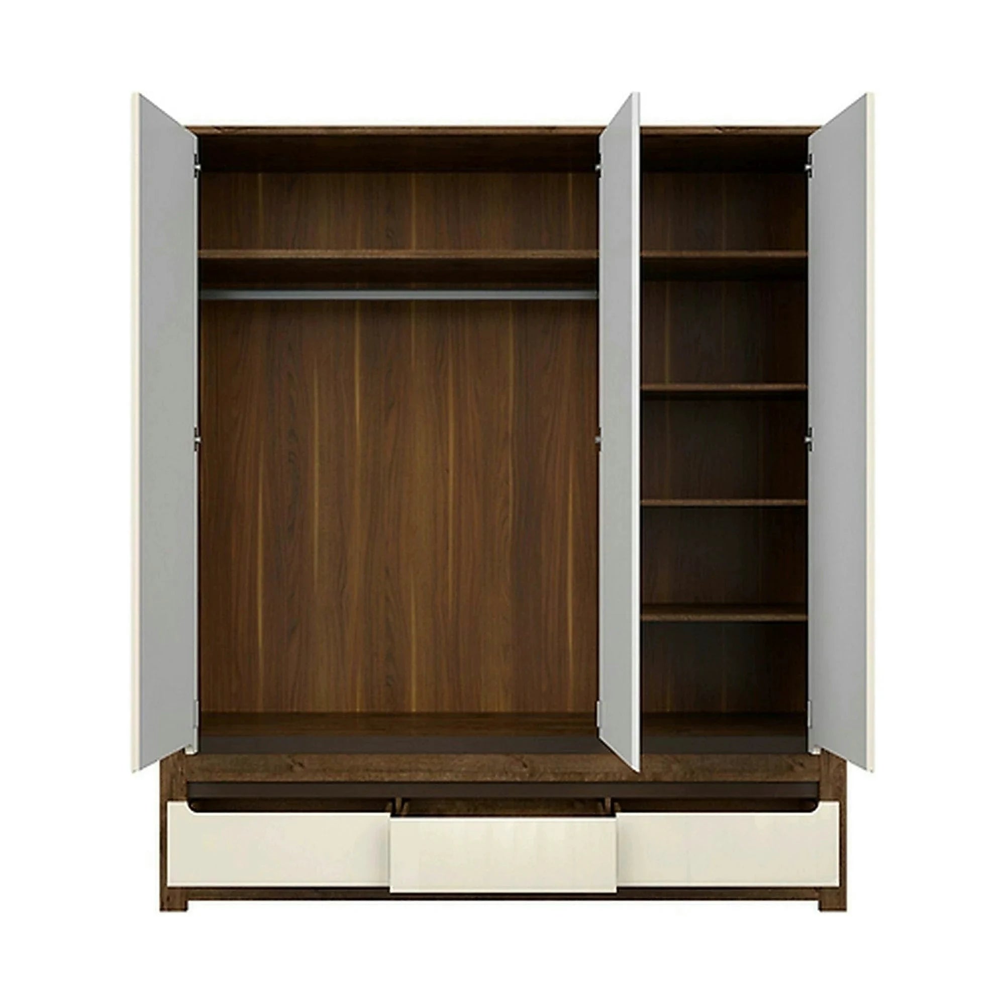 Dulap RUSO, alb perla/stejar april, PAL, cu 3 usi si 3 sertare, cu oglinda, 179x61x205 cm