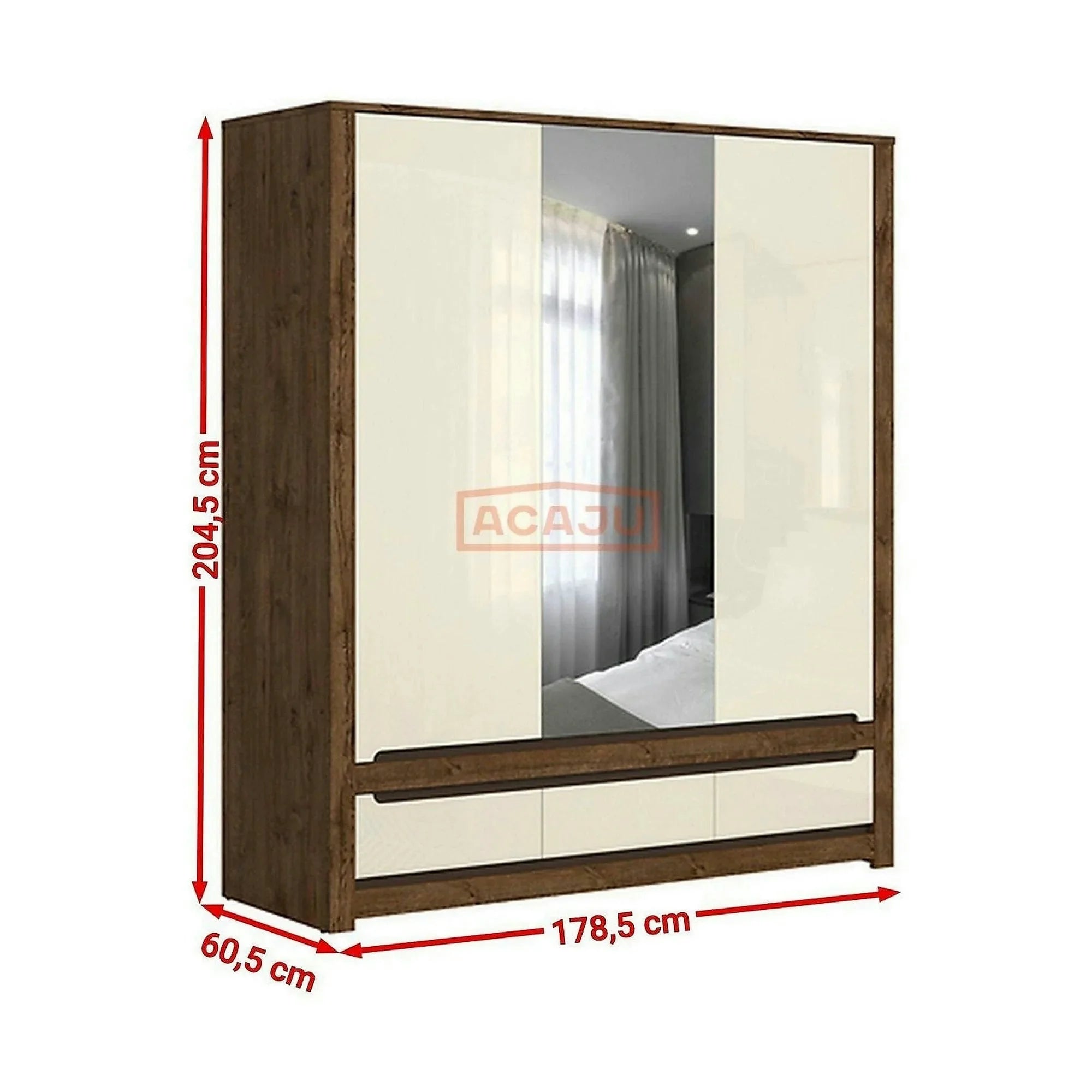 Dulap RUSO, alb perla/stejar april, PAL, cu 3 usi si 3 sertare, cu oglinda, 179x61x205 cm