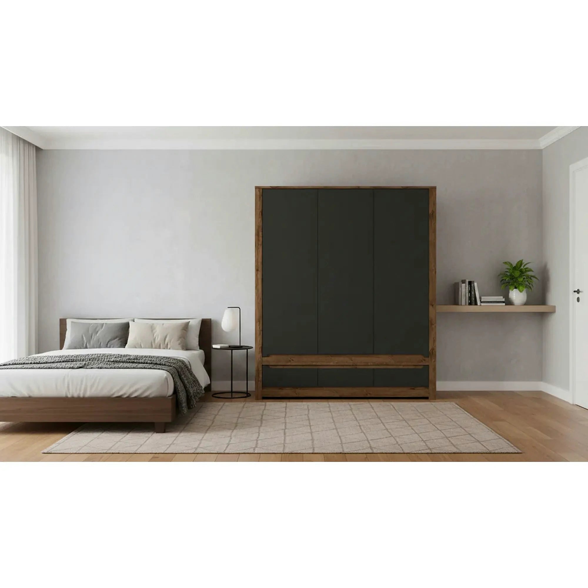 Dulap RUSO, negru mat/stejar, PAL laminat, cu 3 usi si 3 sertare, 179x61x205 cm