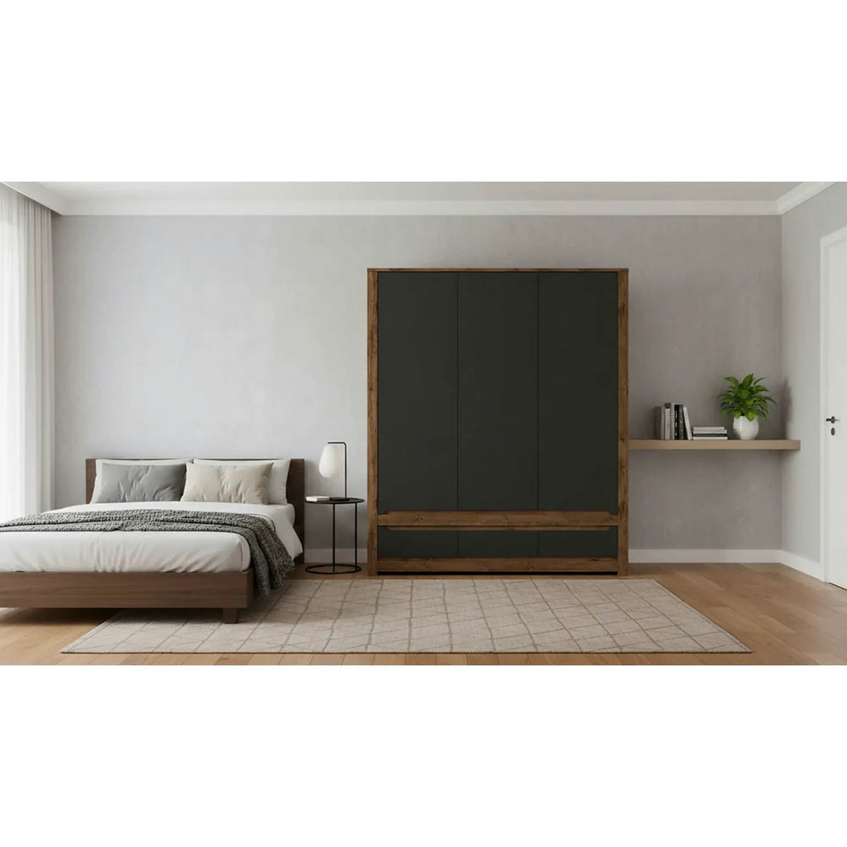 Dulap RUSO, negru mat/stejar, PAL laminat, cu 3 usi si 3 sertare, 179x61x205 cm