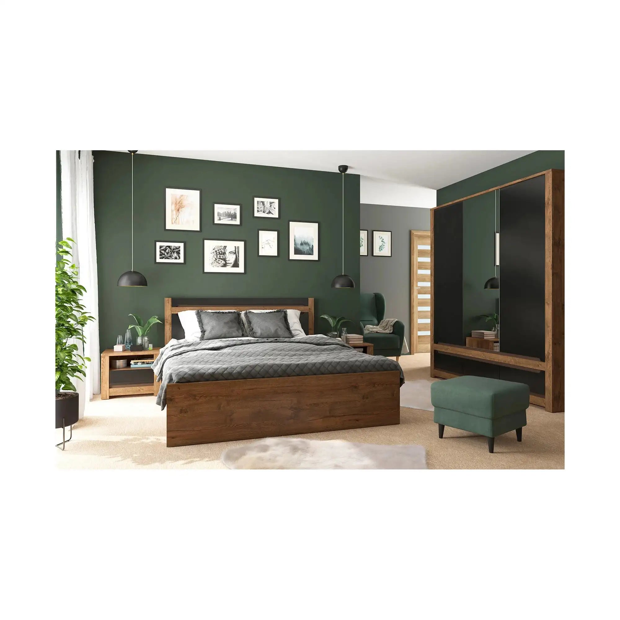 Dulap RUSO, negru mat/stejar, PAL laminat, cu 3 usi si 3 sertare, cu oglinda, 179x61x205 cm