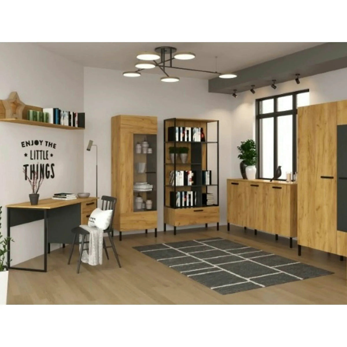 Dulap SANTES, stejar artisan auriu/gri antracit, PAL laminat, cu 2 usi, 90x60x198 cm