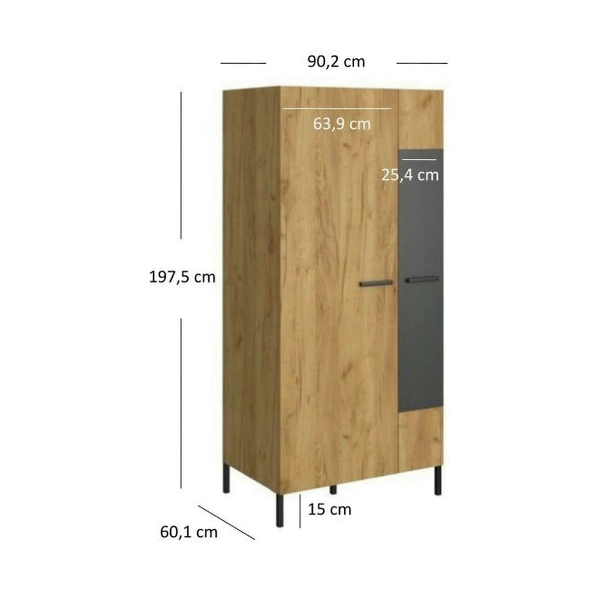 Dulap SANTES, stejar artisan auriu/gri antracit, PAL laminat, cu 2 usi, 90x60x198 cm
