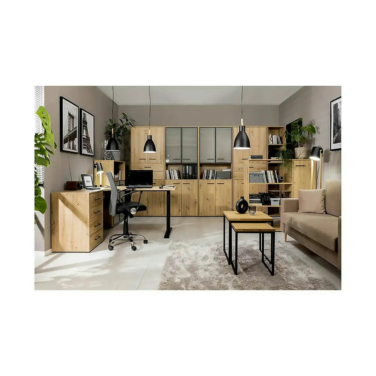 Dulap SPACE OFFICE, stejar artisan, PAL laminat, cu 4 usi, 80x37x203 cm