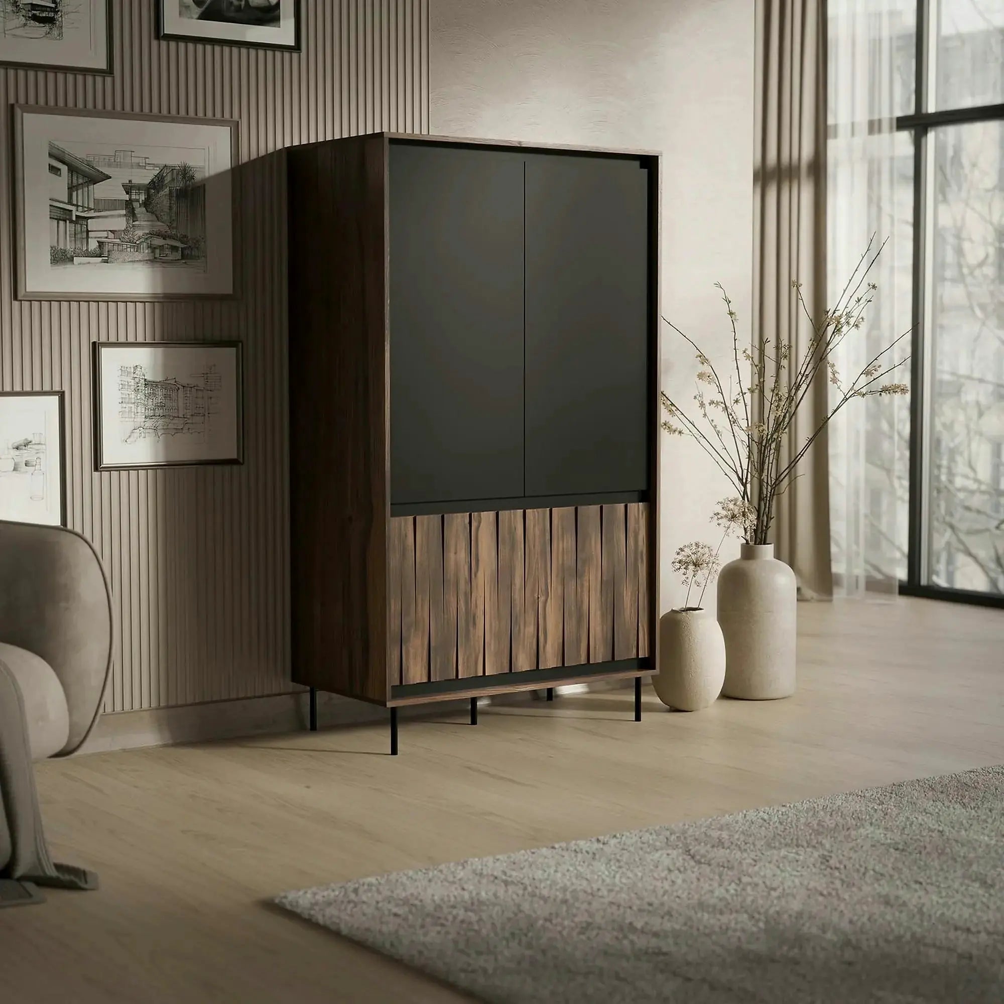 Dulap SWING S-1, nuc/negru, PAL laminat/metal, cu 4 usi, 102x55x179 cm